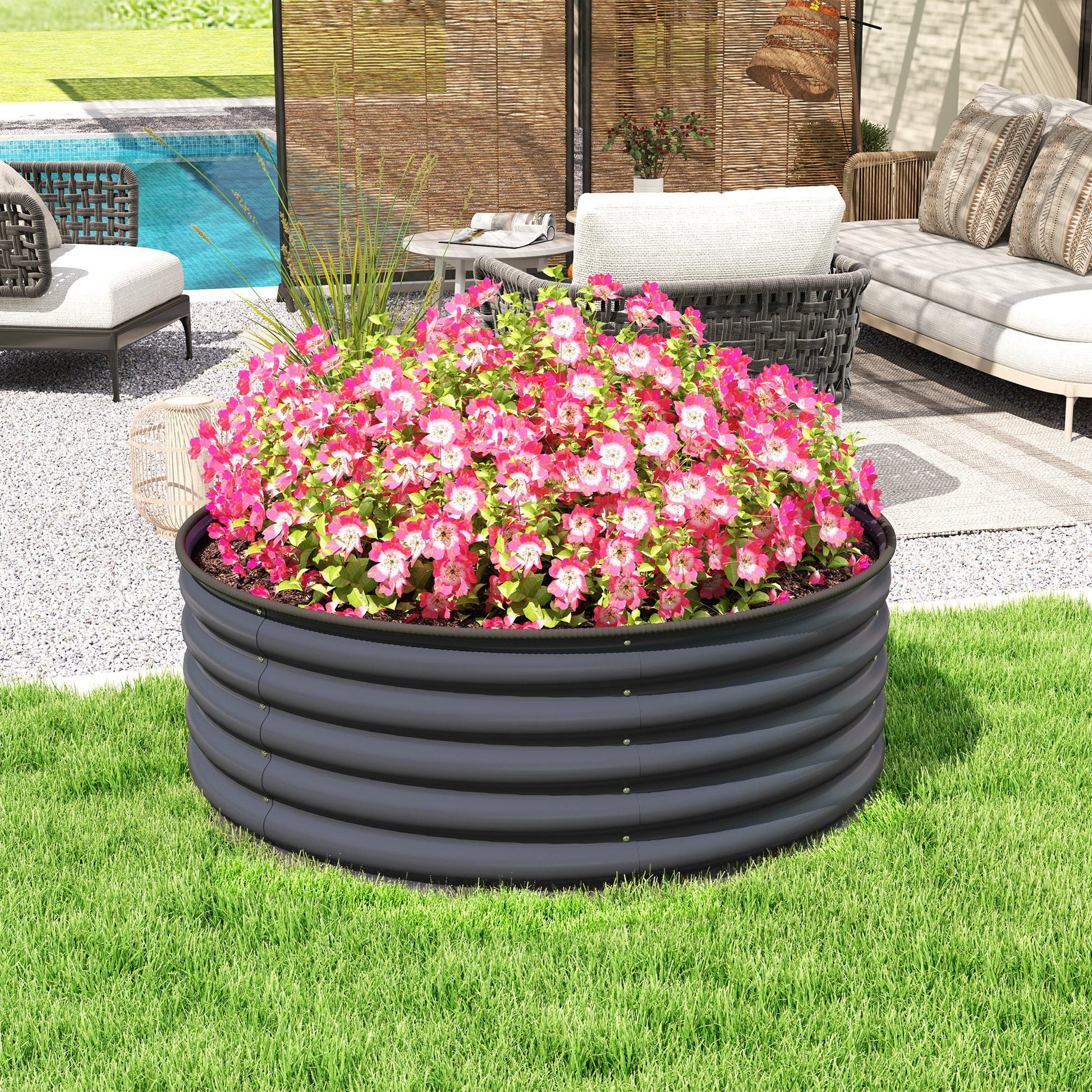Galvanised Raised Garden Bed with Safety Edging, Outdoor Raised Planter Box with Gloves and Open Bottom, Metal Raised Bed for Flowers, Vegetables and Herbs, 120 x 120 x 43cm, Dark Grey