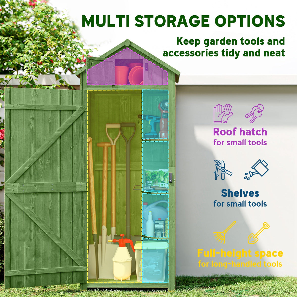 Wooden Outdoor Storage Cabinet with Shelves Tilt Roof & Lockable Double Doors Dark Green