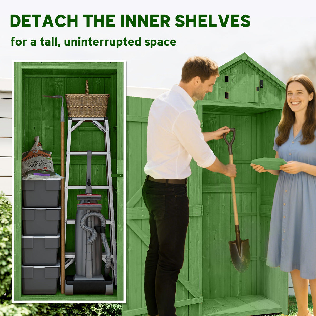 Wooden Outdoor Storage Cabinet with Shelves Tilt Roof & Lockable Double Doors Dark Green