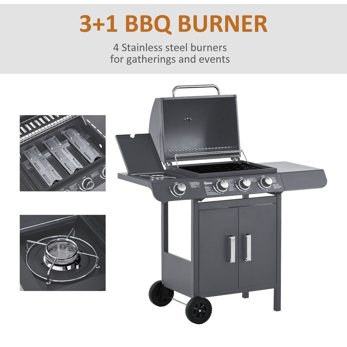 3+1 Burner Gas BBQ Gril with Side Burner, Warming Rack & Thermometer, 110 x 50 x 100cm, Grey