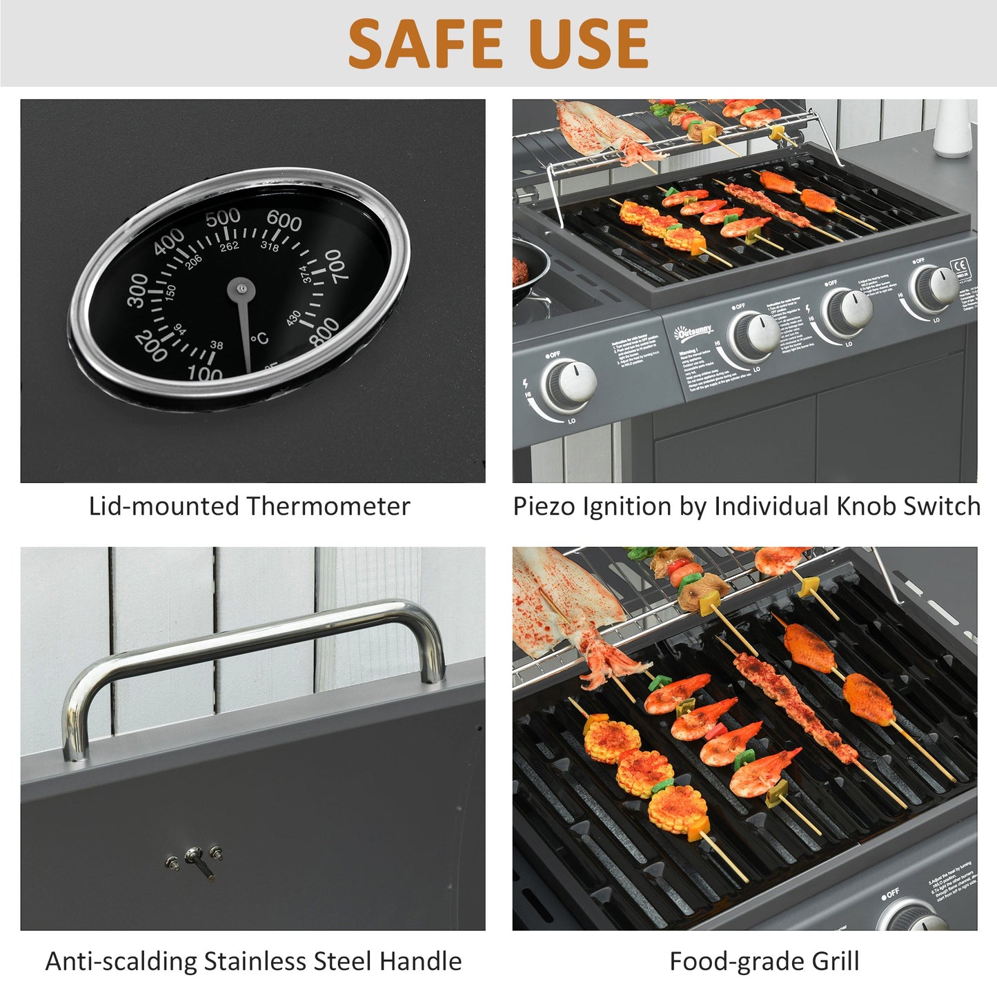 3+1 Burner Gas BBQ Gril with Side Burner, Warming Rack & Thermometer, 110 x 50 x 100cm, Grey