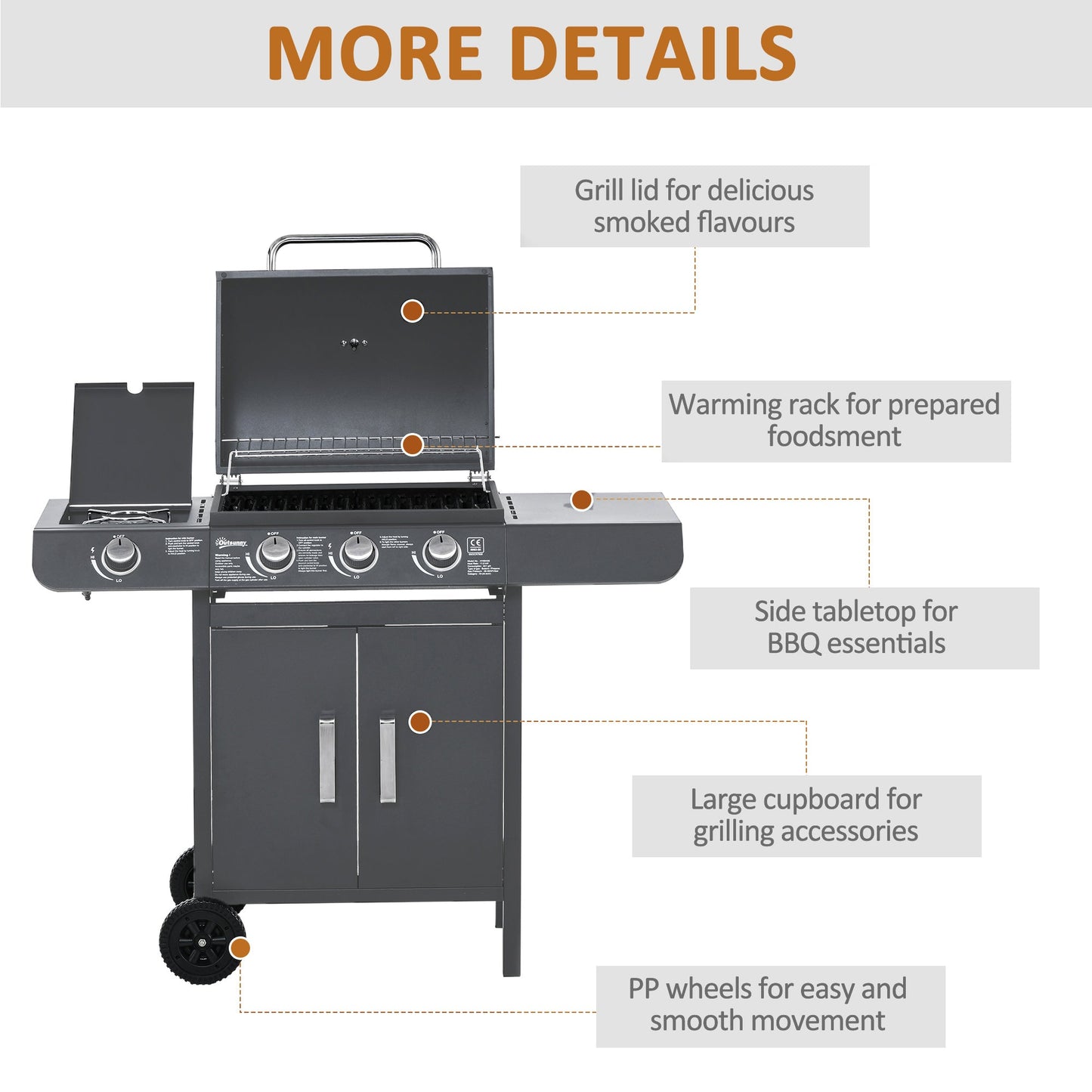 3+1 Burner Gas BBQ Gril with Side Burner, Warming Rack & Thermometer, 110 x 50 x 100cm, Grey