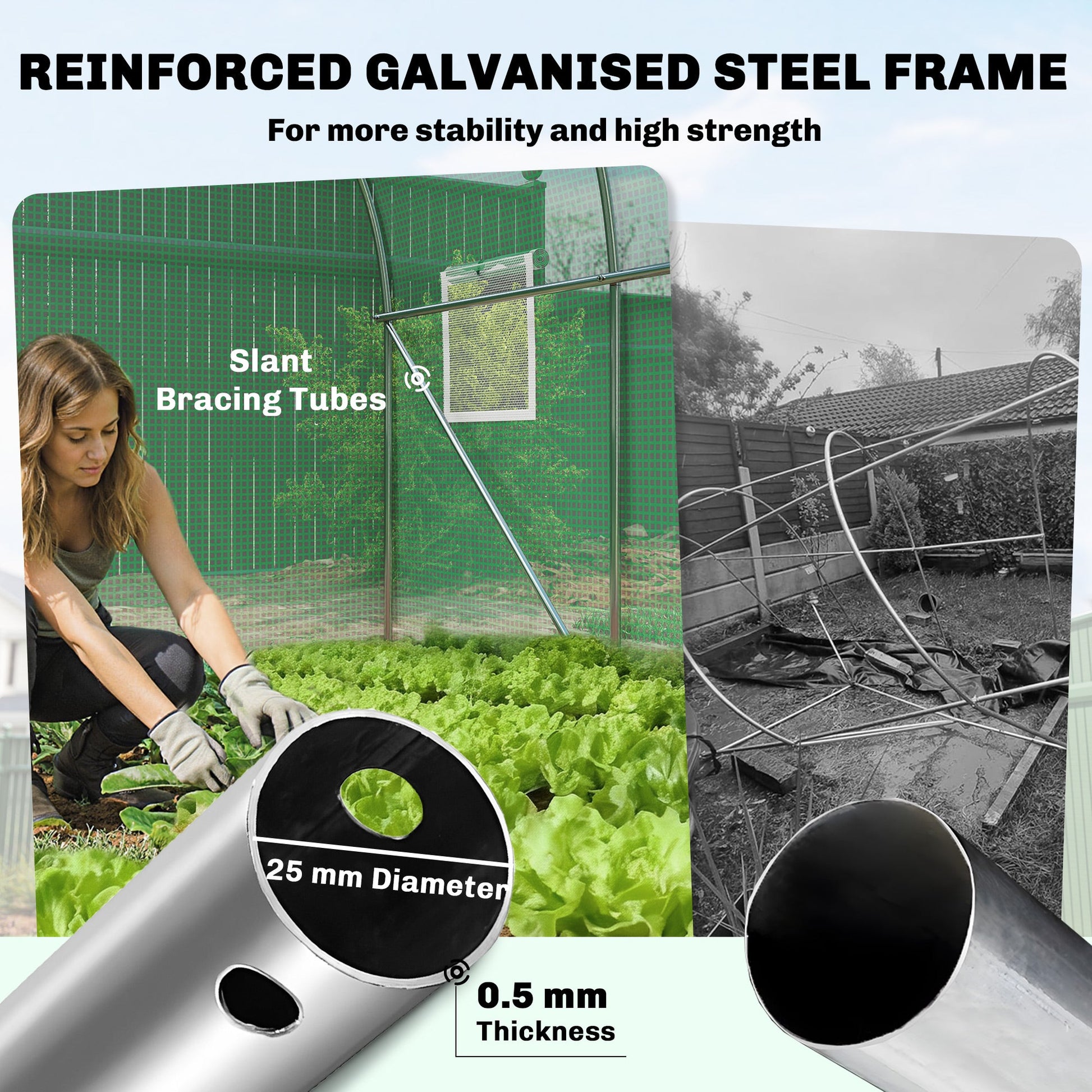 7' x 10' Walk-in Polytunnel Greenhouse with Hinged Door and 6 Roll Up Mesh Windows, Garden Tunnel Warm House Tent with UV-resistant PE Cover, Galvanised Steel Frame, Green