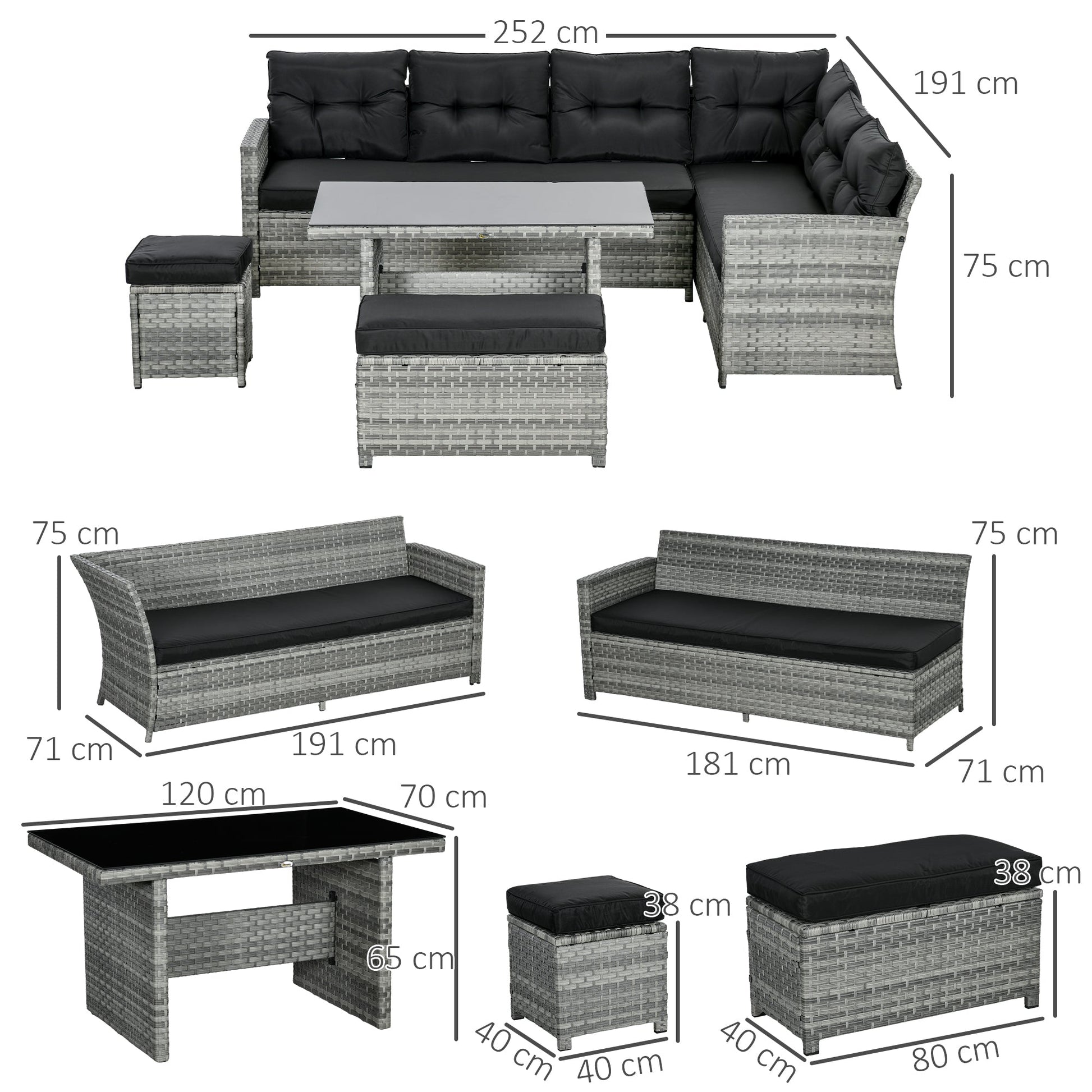 5 Pieces PE Rattan Garden Furniture Set with Corner Sofa, Patio Sofa Set with Glass Table, Stools, Cushions, for Poolside, Mixed Grey