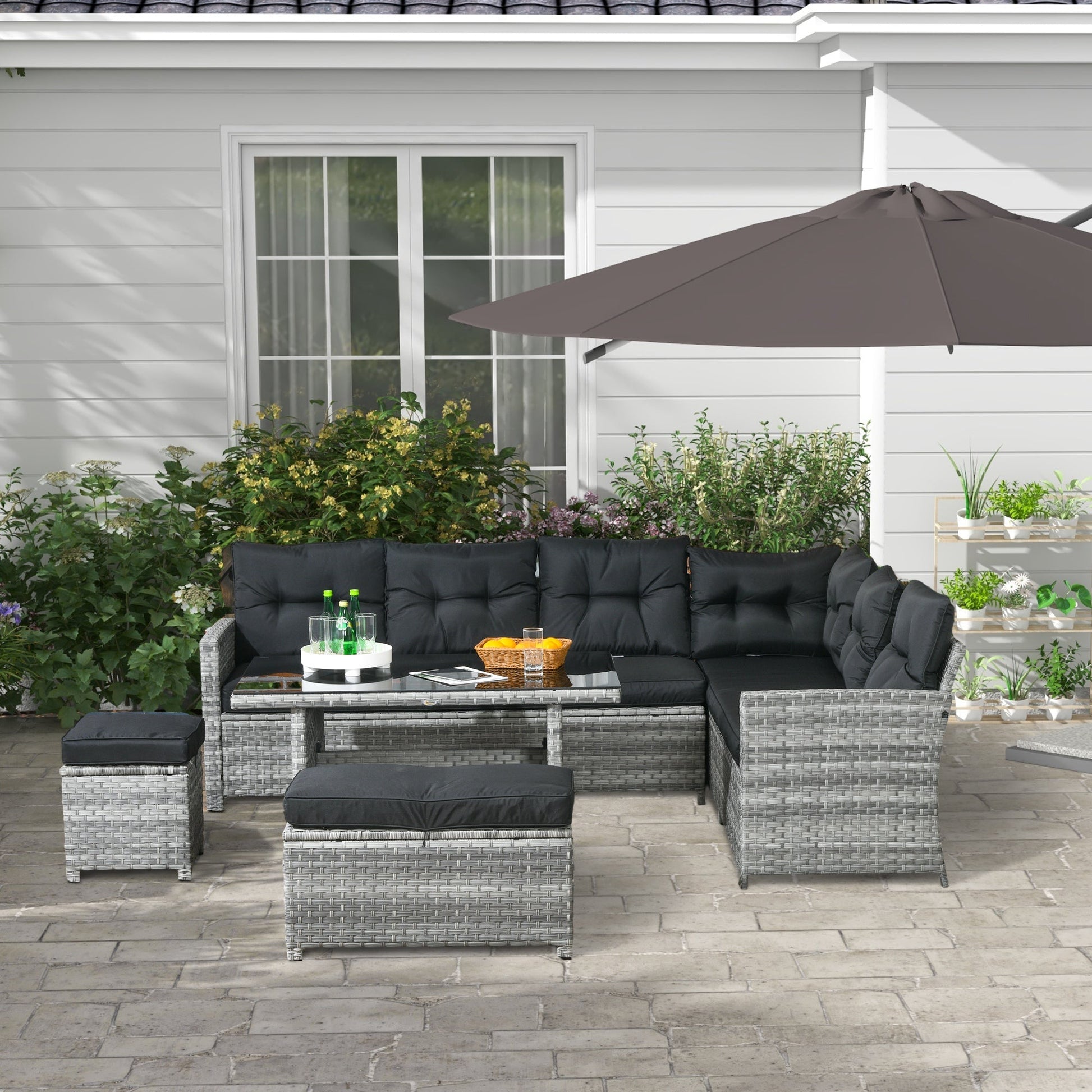 5 Pieces PE Rattan Garden Furniture Set with Corner Sofa, Patio Sofa Set with Glass Table, Stools, Cushions, for Poolside, Mixed Grey
