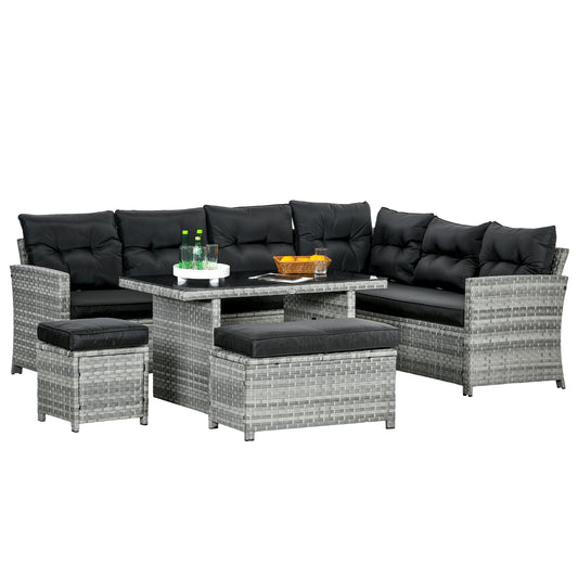 5 Pieces PE Rattan Garden Furniture Set with Corner Sofa, Patio Sofa Set with Glass Table, Stools, Cushions, for Poolside, Mixed Grey