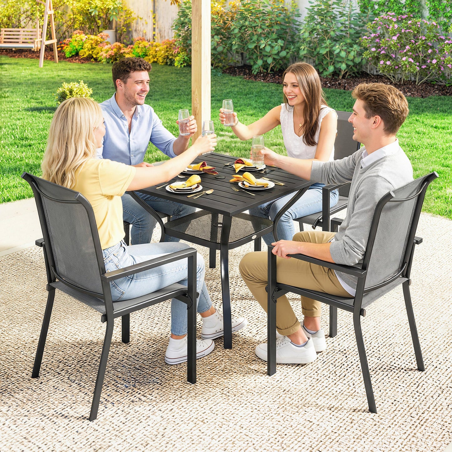 5 Pieces Garden Dining Set for 4, Patio Table and Stackable Chairs with Breathable Mesh Seat and Parasol Hole, Garden Furniture Set with Steel Frame for Garden, Dark Grey