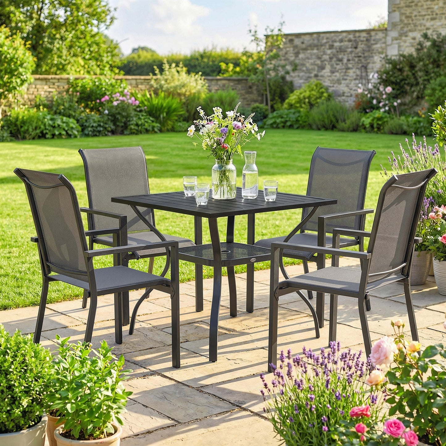 5 Pieces Garden Dining Set for 4, Patio Table and Stackable Chairs with Breathable Mesh Seat and Parasol Hole, Garden Furniture Set with Steel Frame for Garden, Dark Grey