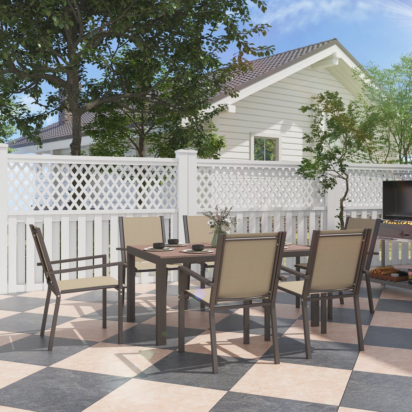 Garden Dining Set for 6, Garden Table and Stackable Chairs, 6 Seater Garden Furniture with Rectangular WPC Top Dining Table and Texteline Fabric for Outdoor, Patio, Khaki