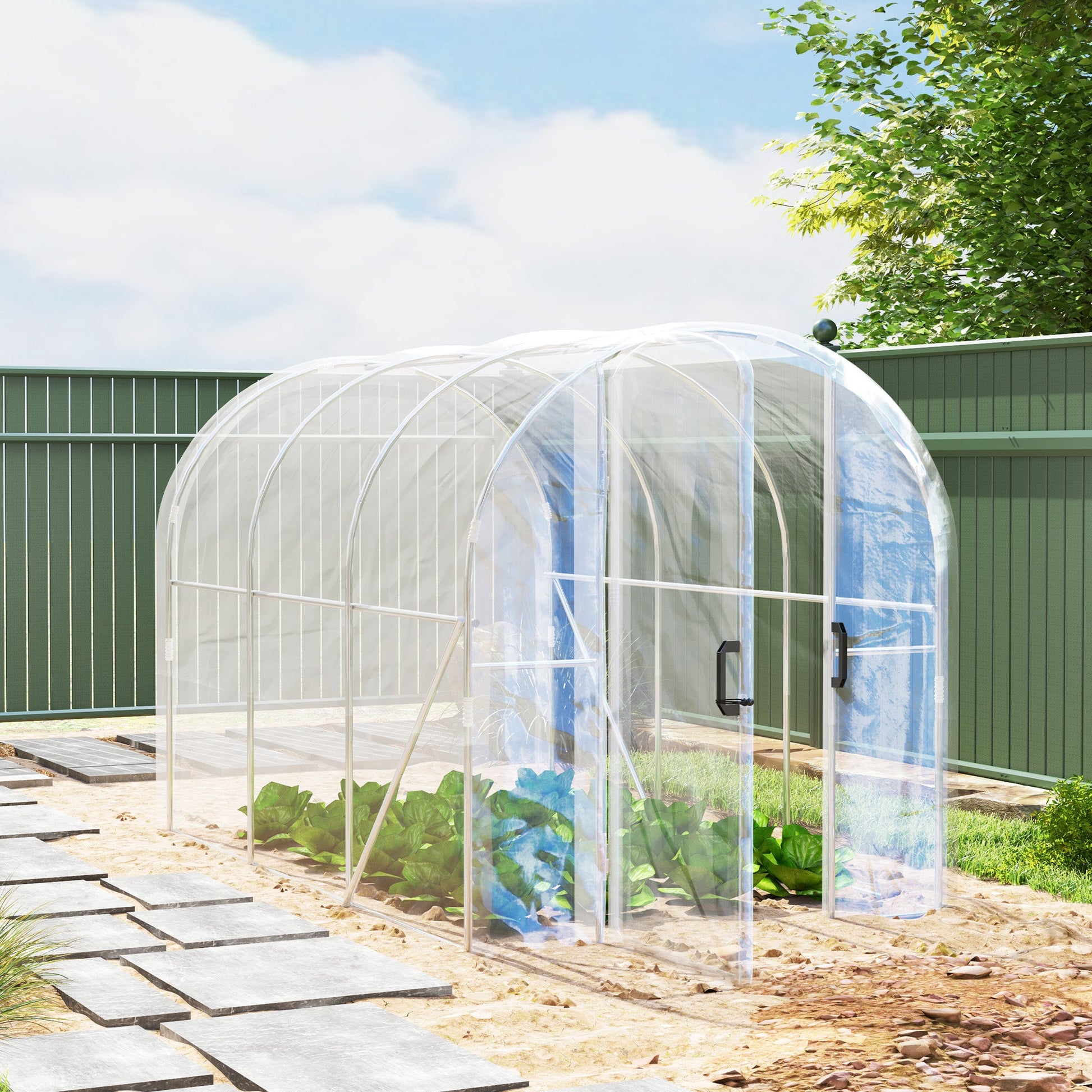 3 x 2 x 2m Polytunnel Greenhouse with 2 Hinged Door, Walk-in Grow House Tent with PE Cover and Galvanised Steel Frame, Clear