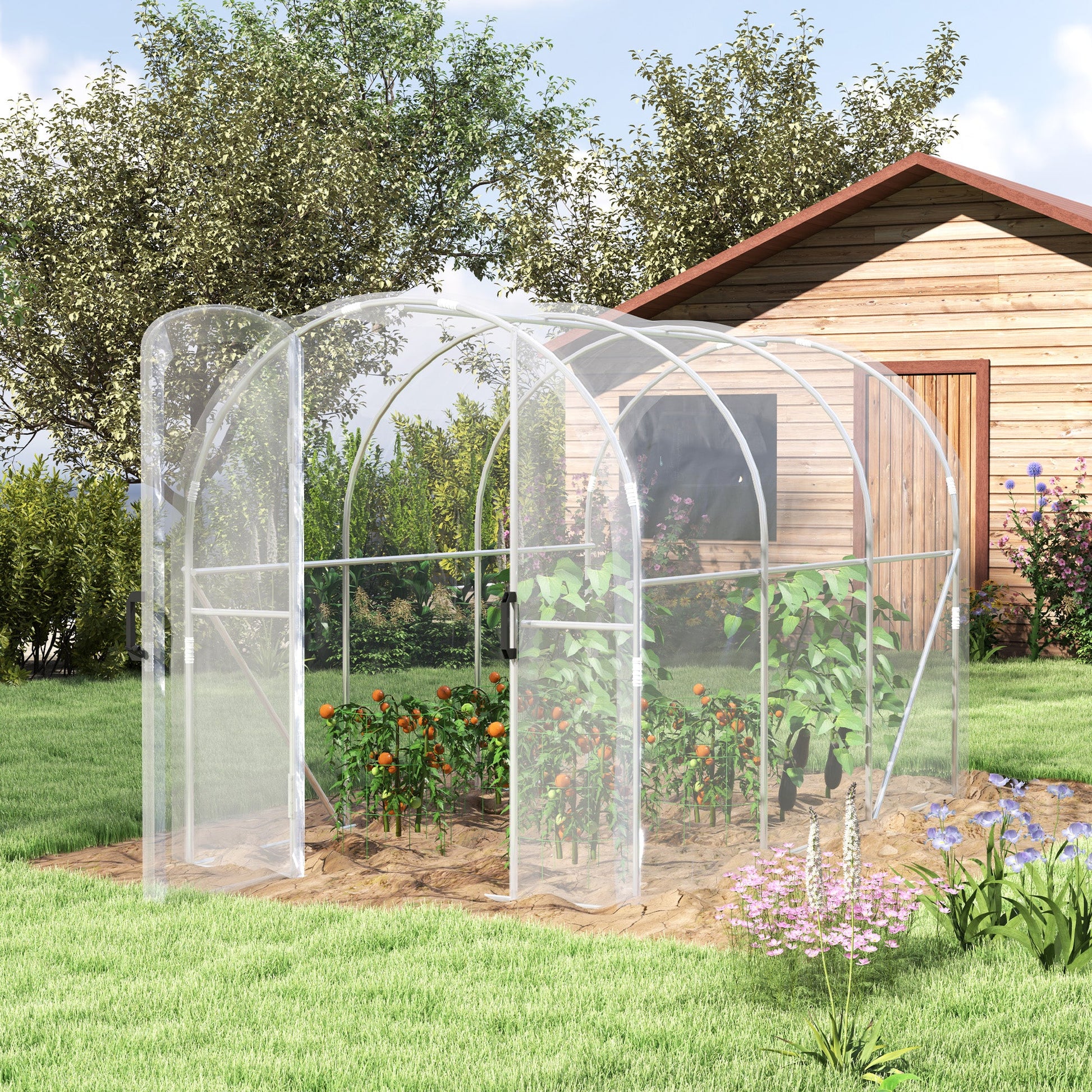 3 x 2 x 2m Polytunnel Greenhouse with 2 Hinged Door, Walk-in Grow House Tent with PE Cover and Galvanised Steel Frame, Clear