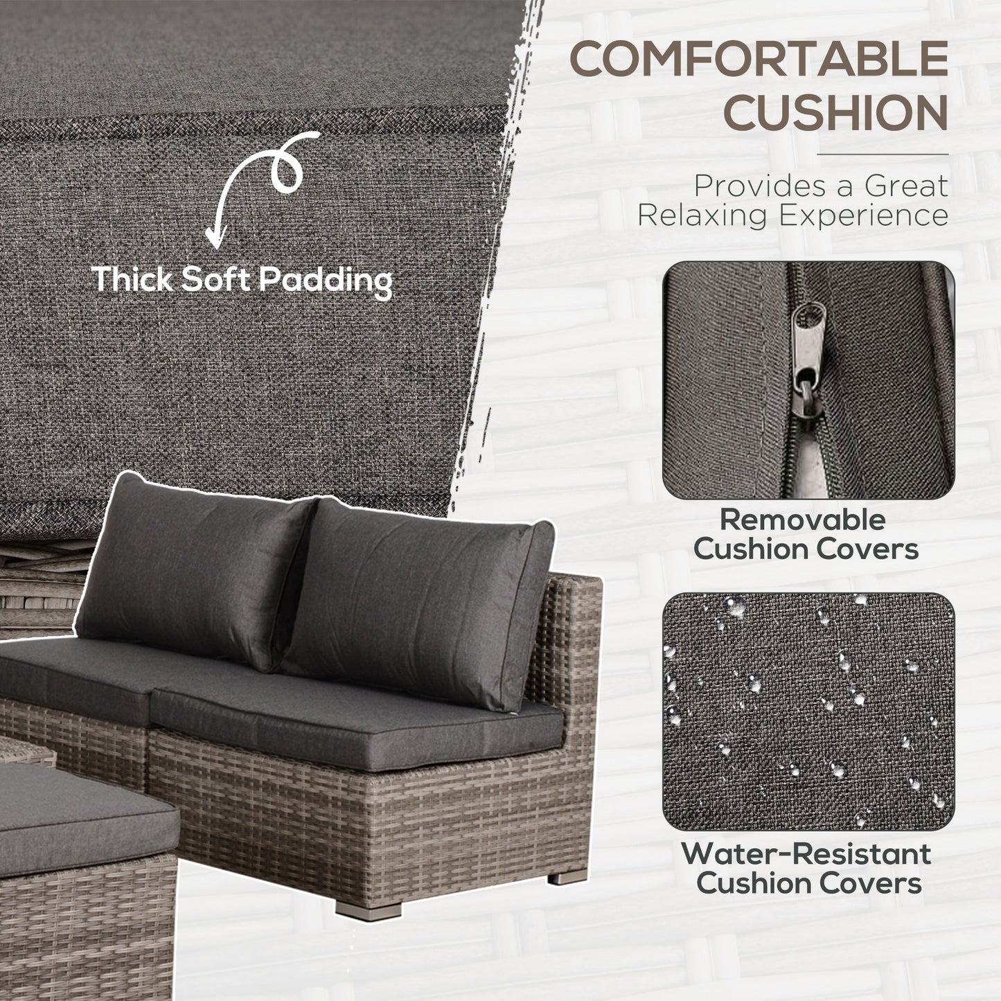 8 Pieces Rattan Garden Furniture Set, Garden Corner Sofa Set with 4 Chairs, 2 Footstools, 2 Coffee Tables and Cushions, Space-Saving Design, No Assembly Required, Grey