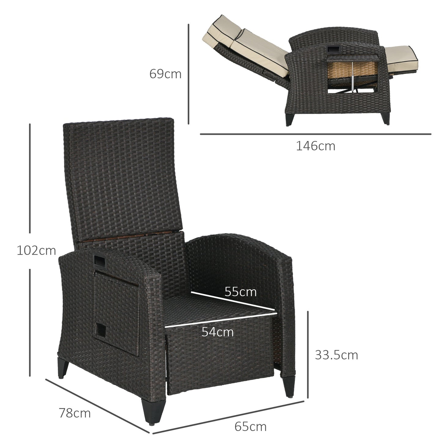 Garden Recliner with Cushion, PE Wicker Outdoor Recliner Chair with Adjustable Backrest & Footrest, Rattan Recliner Chair with Armrests and Side Tray for Balcony, Porch, Khaki/Brown