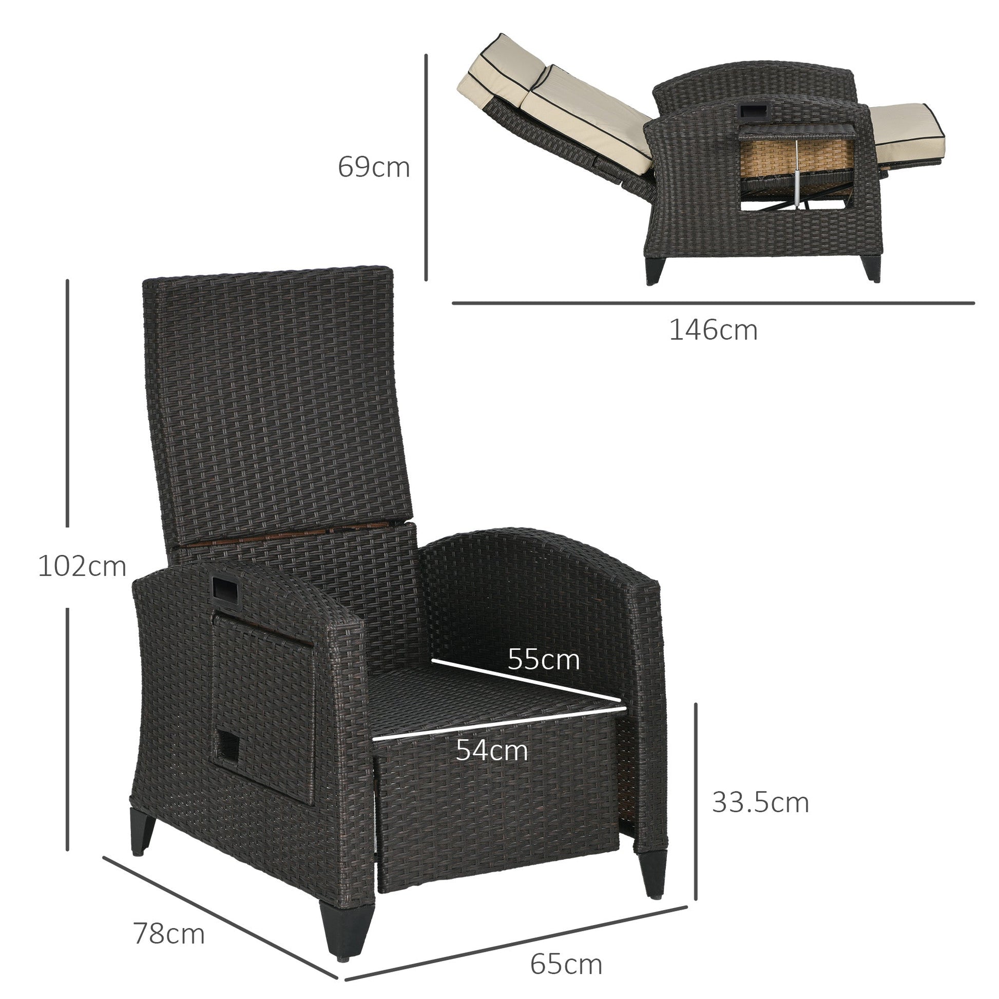 Garden Recliner with Cushion, PE Wicker Outdoor Recliner Chair with Adjustable Backrest & Footrest, Rattan Recliner Chair with Armrests and Side Tray for Balcony, Porch, Khaki/Brown