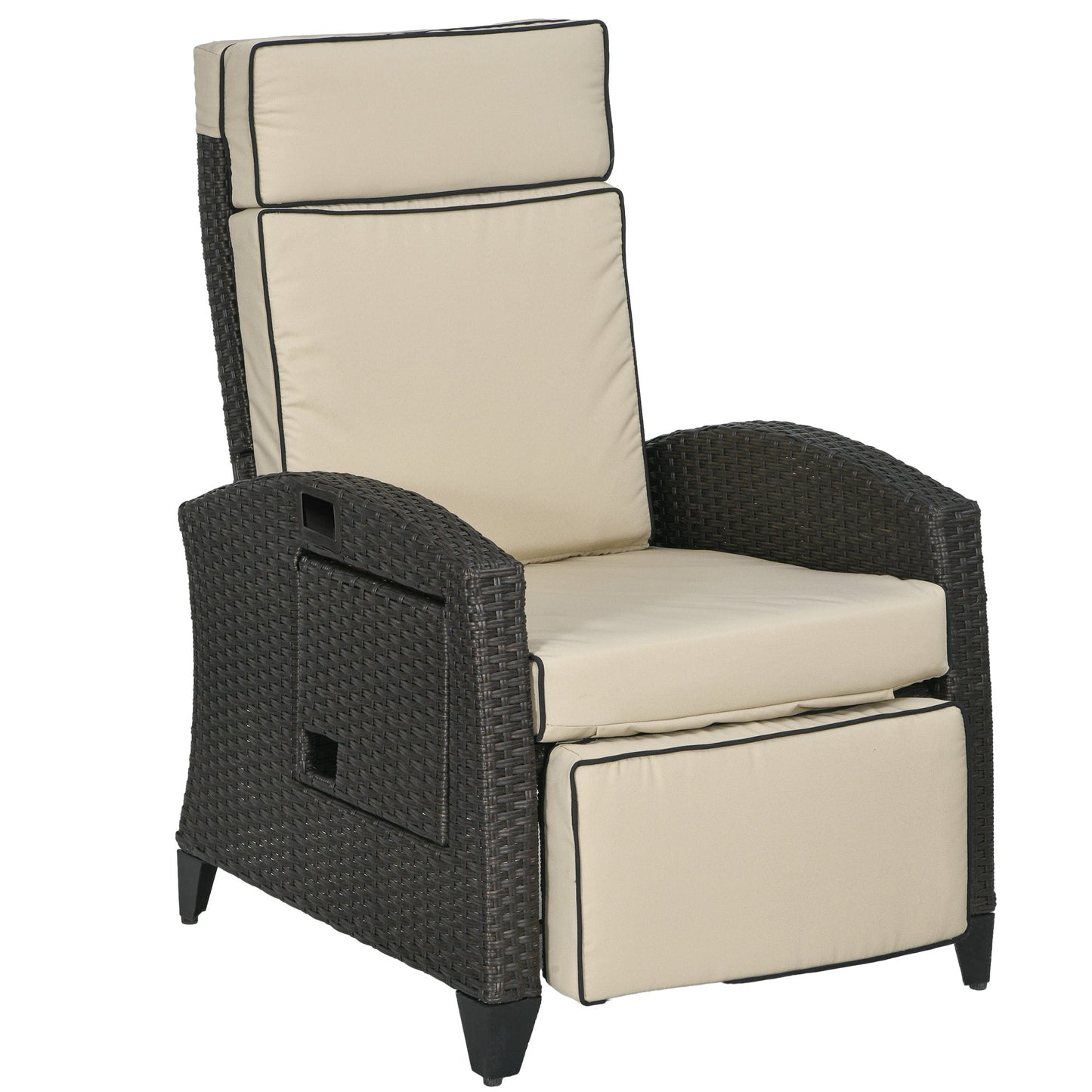 Garden Recliner with Cushion, PE Wicker Outdoor Recliner Chair with Adjustable Backrest & Footrest, Rattan Recliner Chair with Armrests and Side Tray for Balcony, Porch, Khaki/Brown