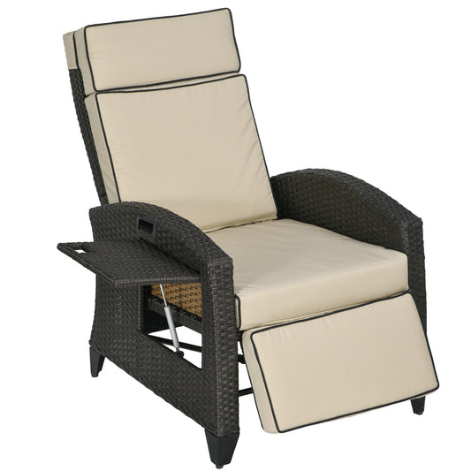 Garden Recliner with Cushion, PE Wicker Outdoor Recliner Chair with Adjustable Backrest & Footrest, Rattan Recliner Chair with Armrests and Side Tray for Balcony, Porch, Khaki/Brown