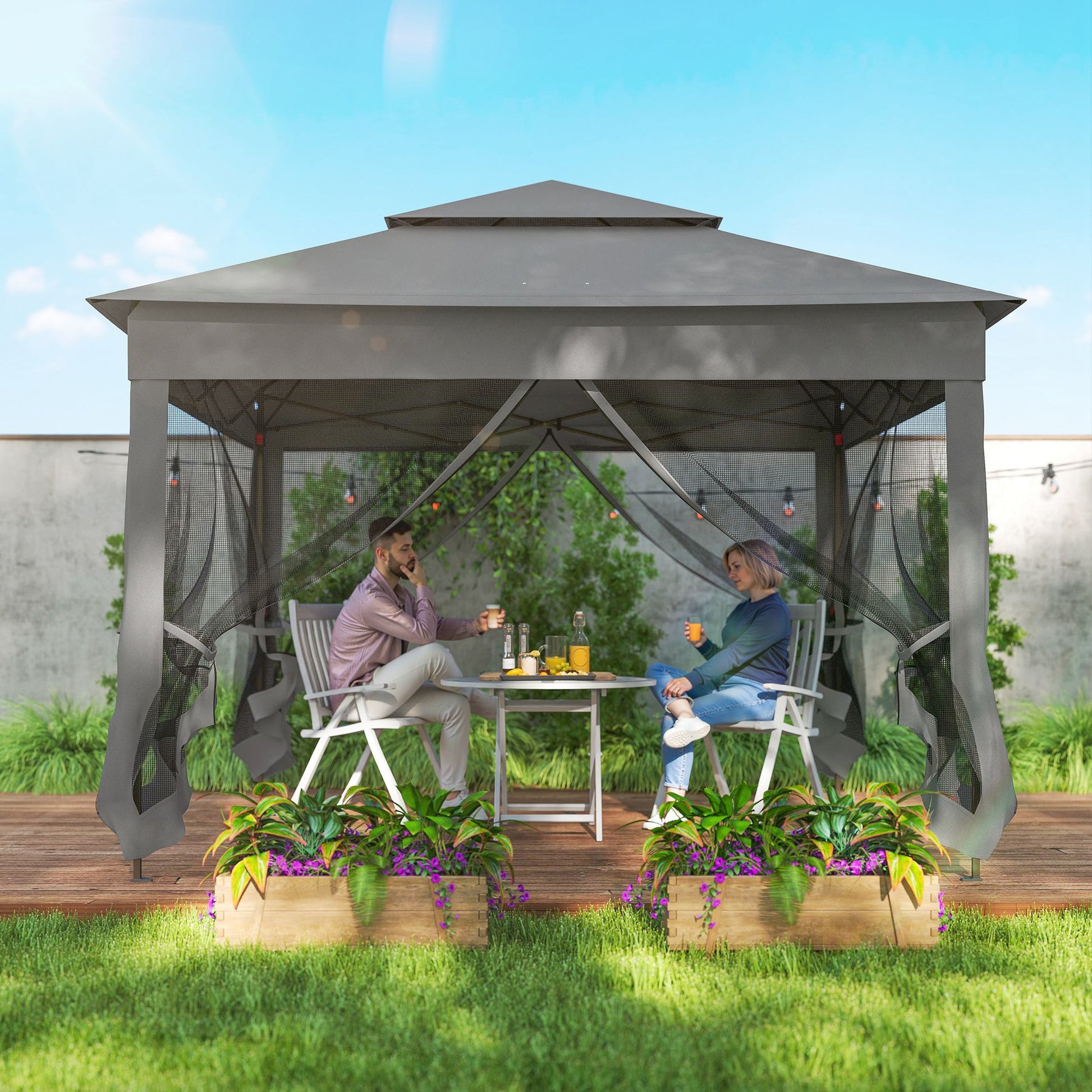 3 x 3(m) Pop Up Gazebo, Double-roof Garden Tent with Netting and Carry Bag, Party Event Shelter for Outdoor Patio, Dark Grey