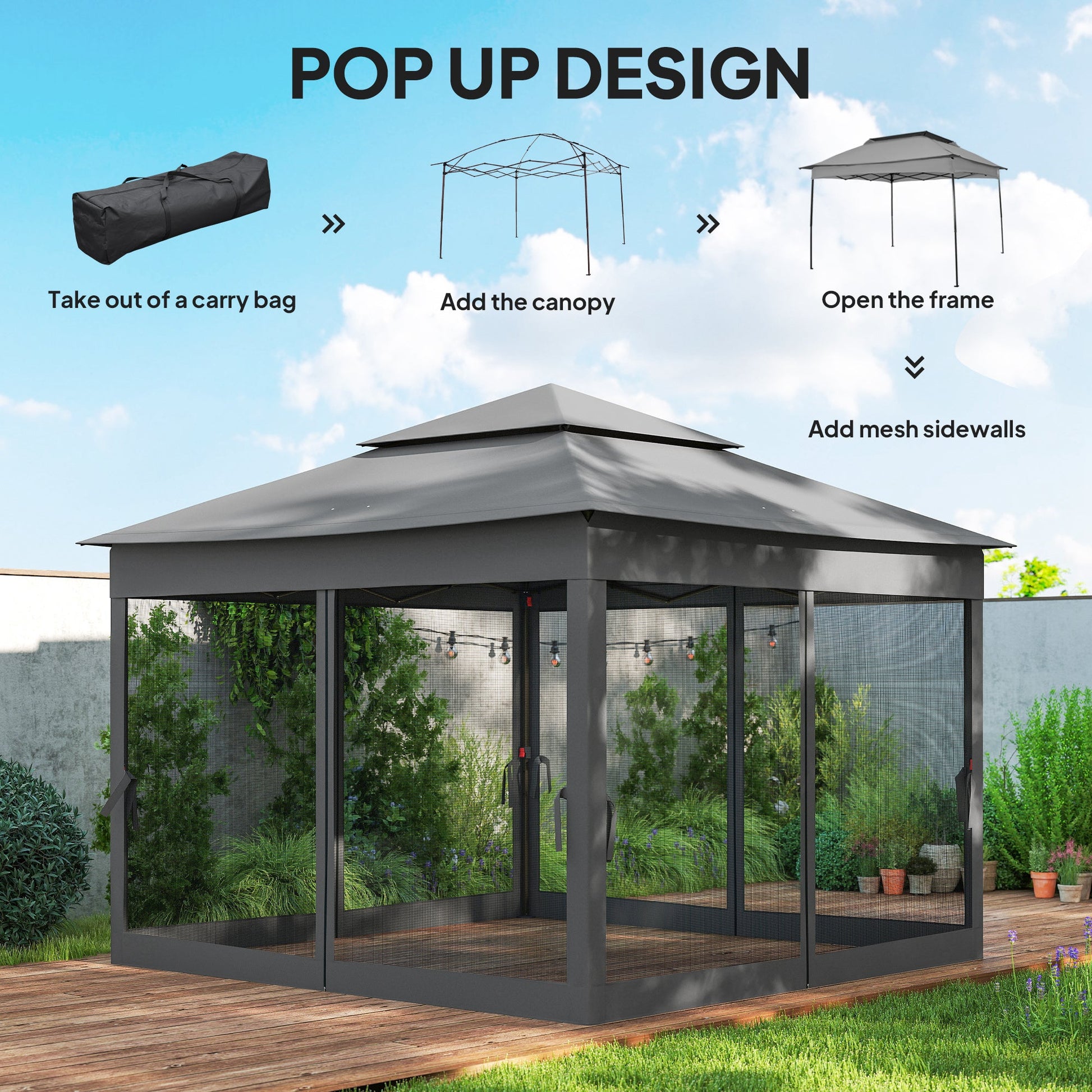 3 x 3(m) Pop Up Gazebo, Double-roof Garden Tent with Netting and Carry Bag, Party Event Shelter for Outdoor Patio, Dark Grey