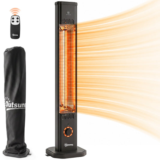 2000 W Electric Infrared Patio Heater with Cover, Free Standing/Wall Mounted IP65 Outdoor Garden Heater with Knob/Remote Control, 8 Heating Levels, 8H Timer, Tip-over Protection, Black