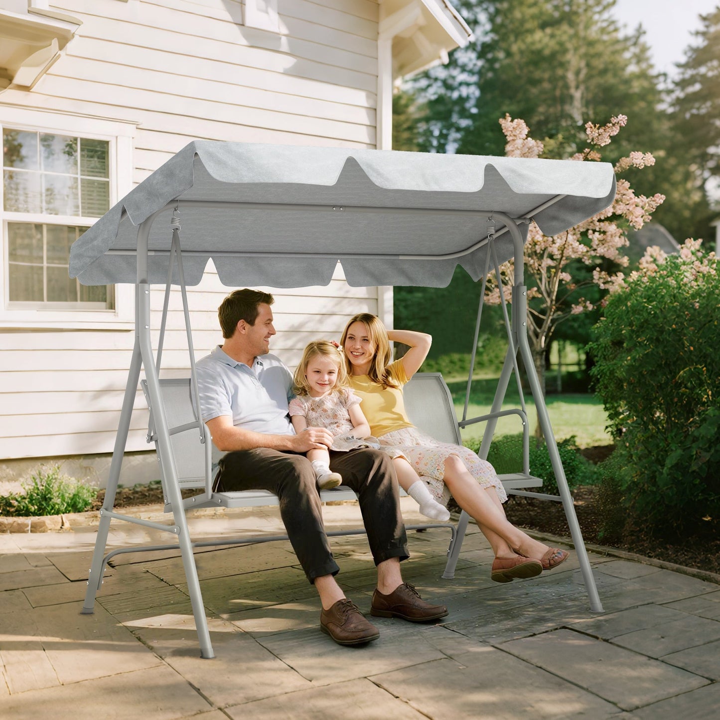 3 Seater Swing Chair, Garden Swing Bench with Adjustable Tilting Canopy, Breathable Mesh Seat and Heavy Duty Metal Frame for Patio, Yard, Light Grey