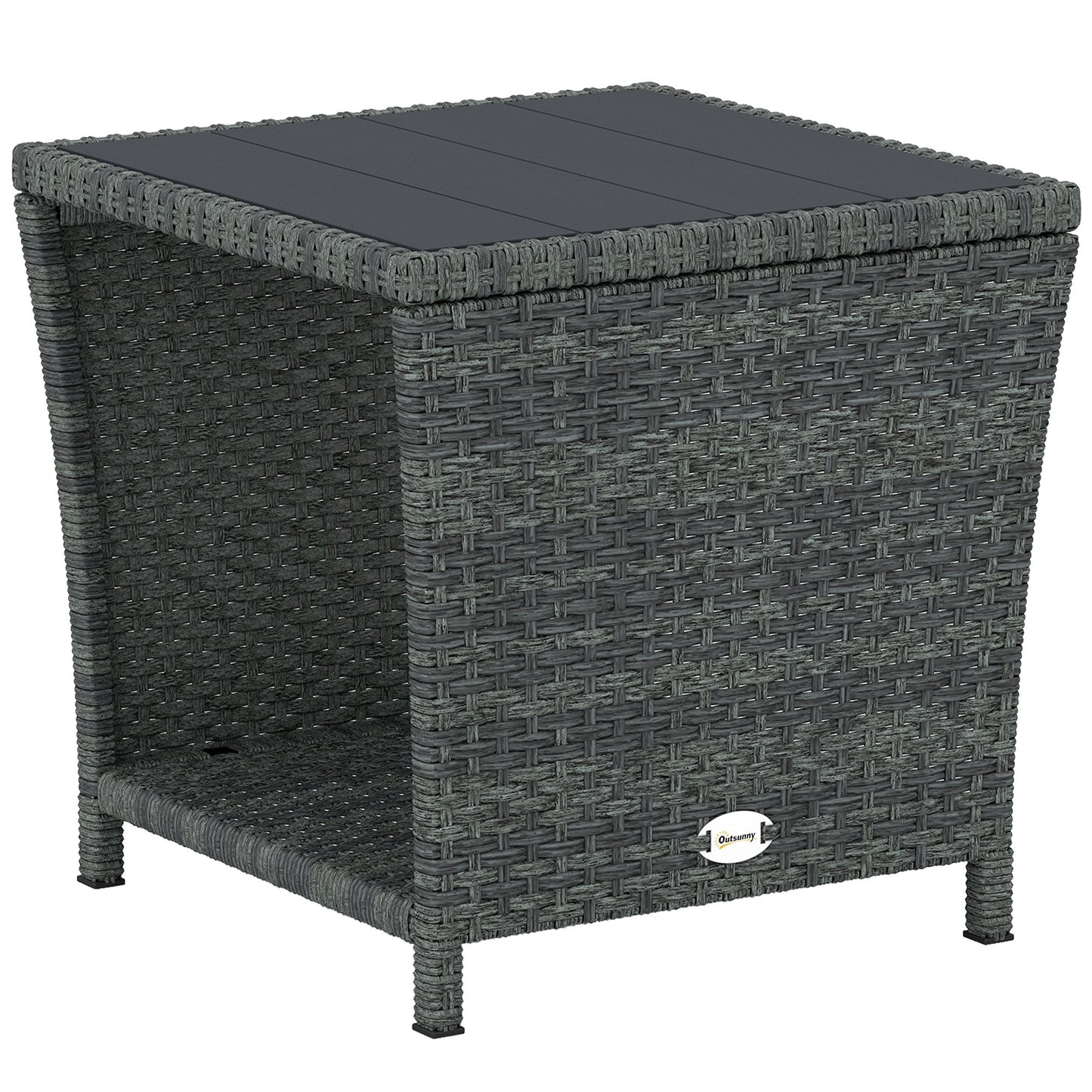 2-Tier PE Rattan Side Table with Storage Shelf, Square Outdoor Coffee Table with PS Wood Slat Top, UV-Resistant for Patio, Garden, Balcony, Grey