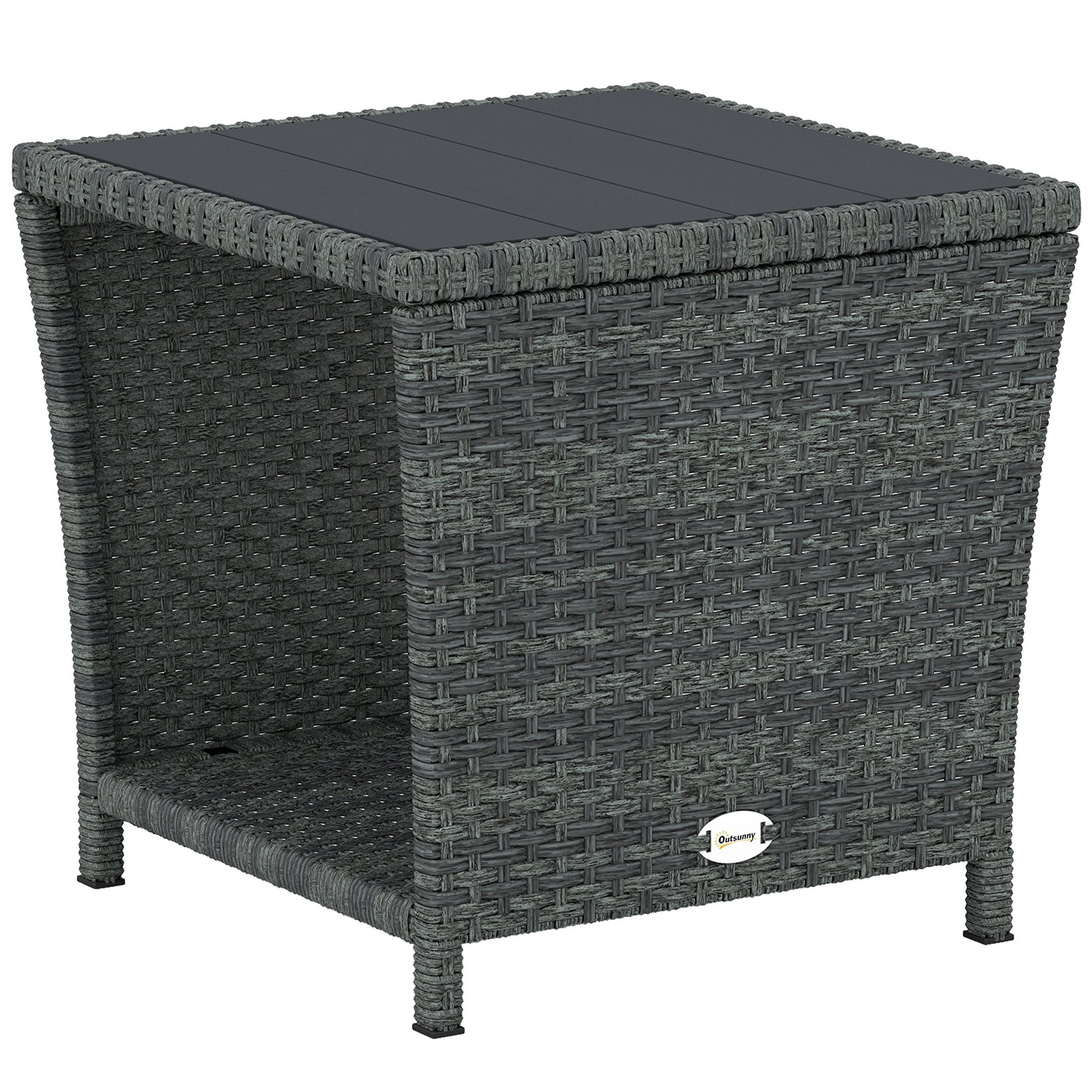 2-Tier PE Rattan Side Table with Storage Shelf, Square Outdoor Coffee Table with PS Wood Slat Top, UV-Resistant for Patio, Garden, Balcony, Grey