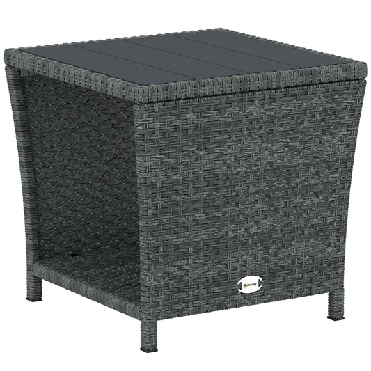 2-Tier PE Rattan Side Table with Storage Shelf, Square Outdoor Coffee Table with PS Wood Slat Top, UV-Resistant for Patio, Garden, Balcony, Grey