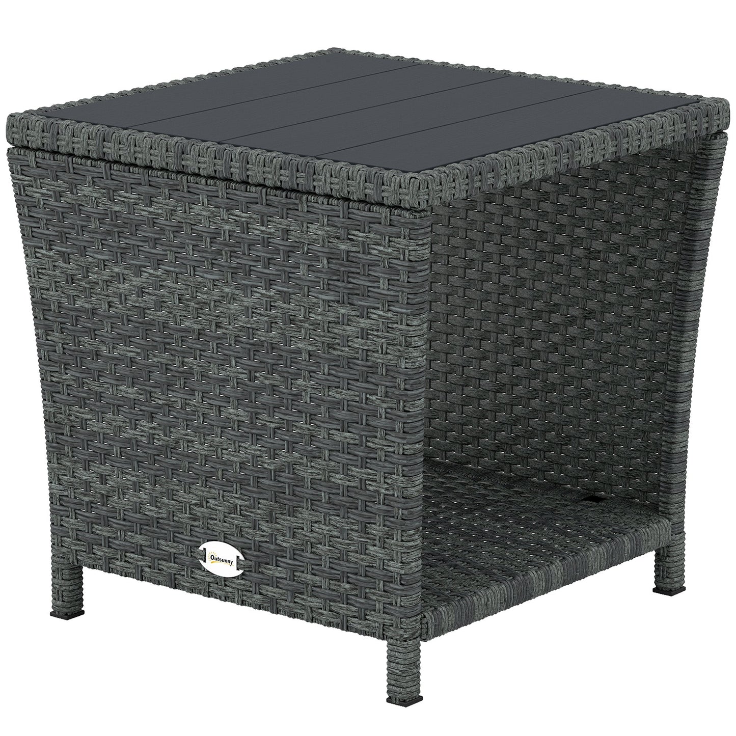 2-Tier PE Rattan Side Table with Storage Shelf, Square Outdoor Coffee Table with PS Wood Slat Top, UV-Resistant for Patio, Garden, Balcony, Grey
