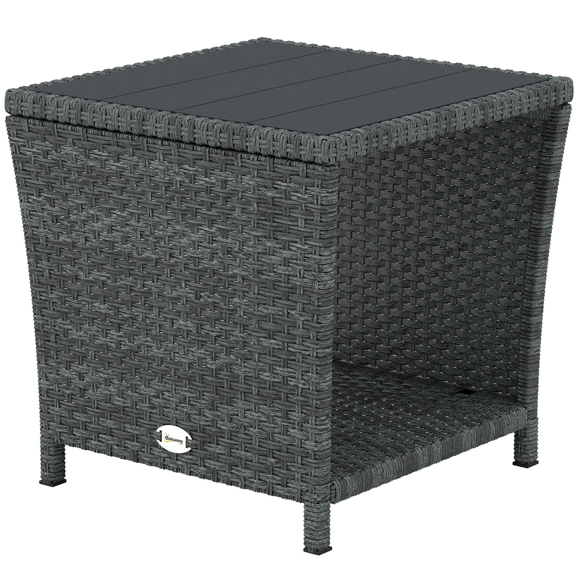 2-Tier PE Rattan Side Table with Storage Shelf, Square Outdoor Coffee Table with PS Wood Slat Top, UV-Resistant for Patio, Garden, Balcony, Grey