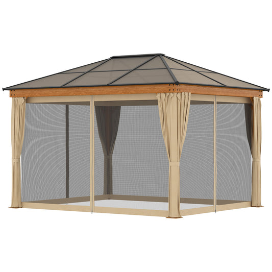 3 x 3.6 m Hardtop Gazebo Canopy, Polycarbonate Roof Garden Pavilion with Aluminium and Steel Frame, Nettings and Sidewalls for Garden, Patio, Khaki