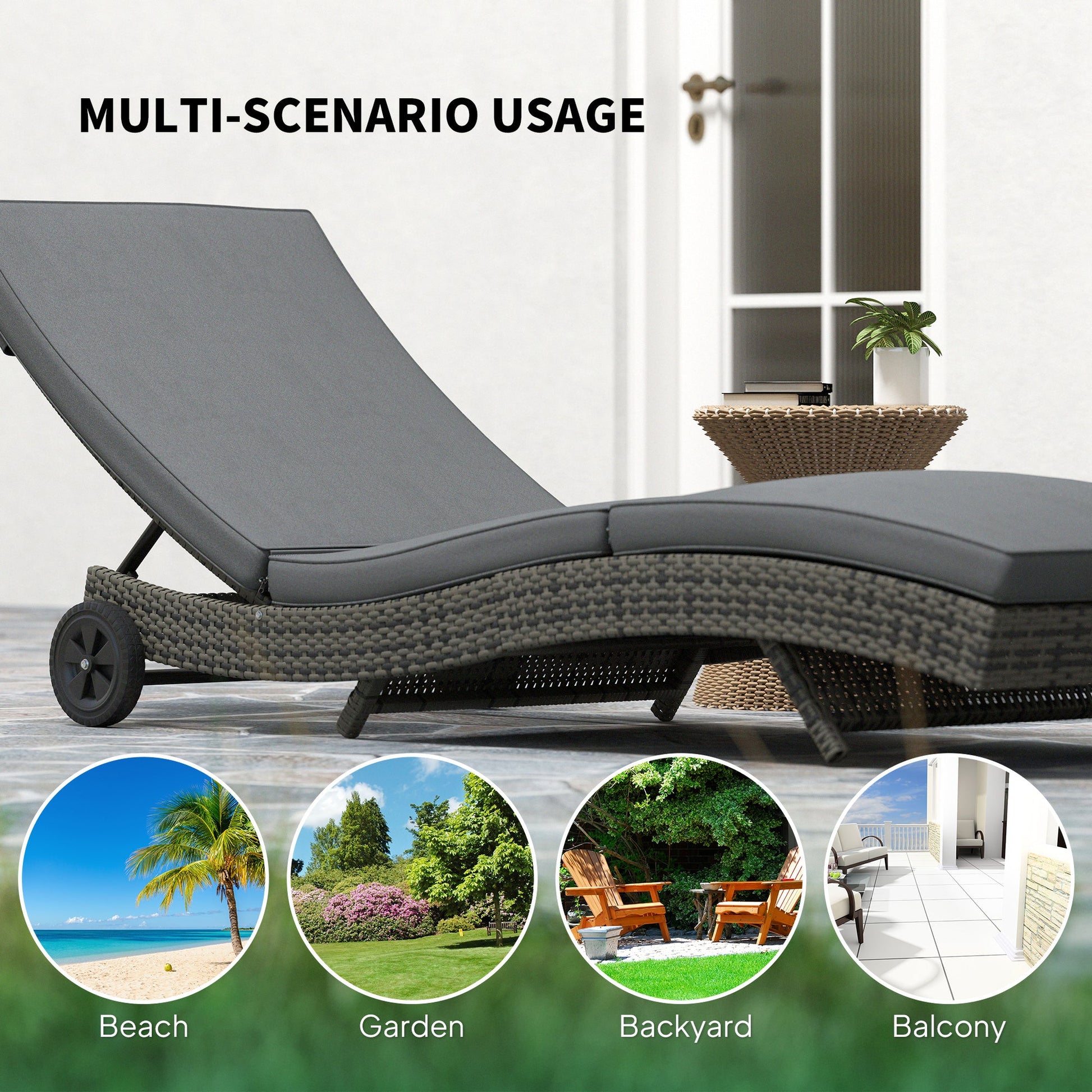 Outdoor PE Rattan Sun Lounger, Wicker Garden Lounger with Cushion, 5-Level Adjustable Backrest, Rolling Sunbed with Wheels for Patio Beach, Dark Grey