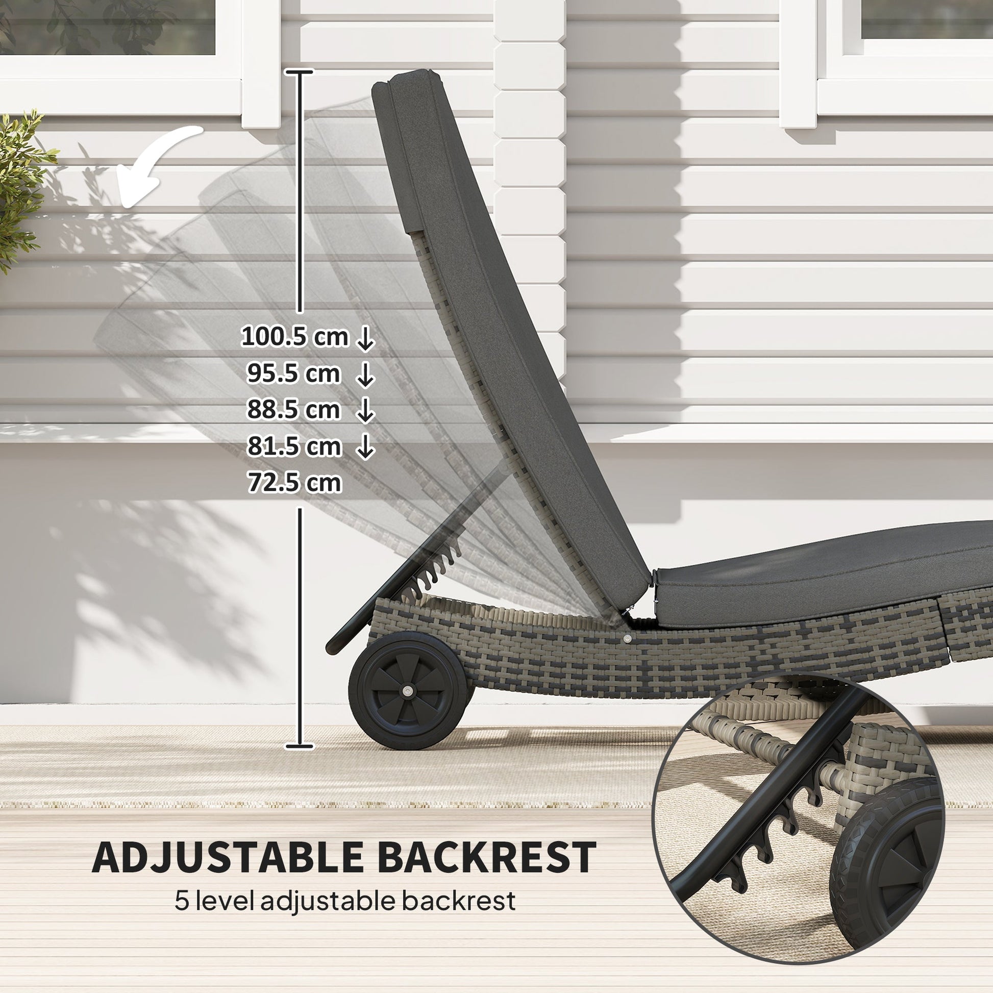 Outdoor PE Rattan Sun Lounger, Wicker Garden Lounger with Cushion, 5-Level Adjustable Backrest, Rolling Sunbed with Wheels for Patio Beach, Dark Grey