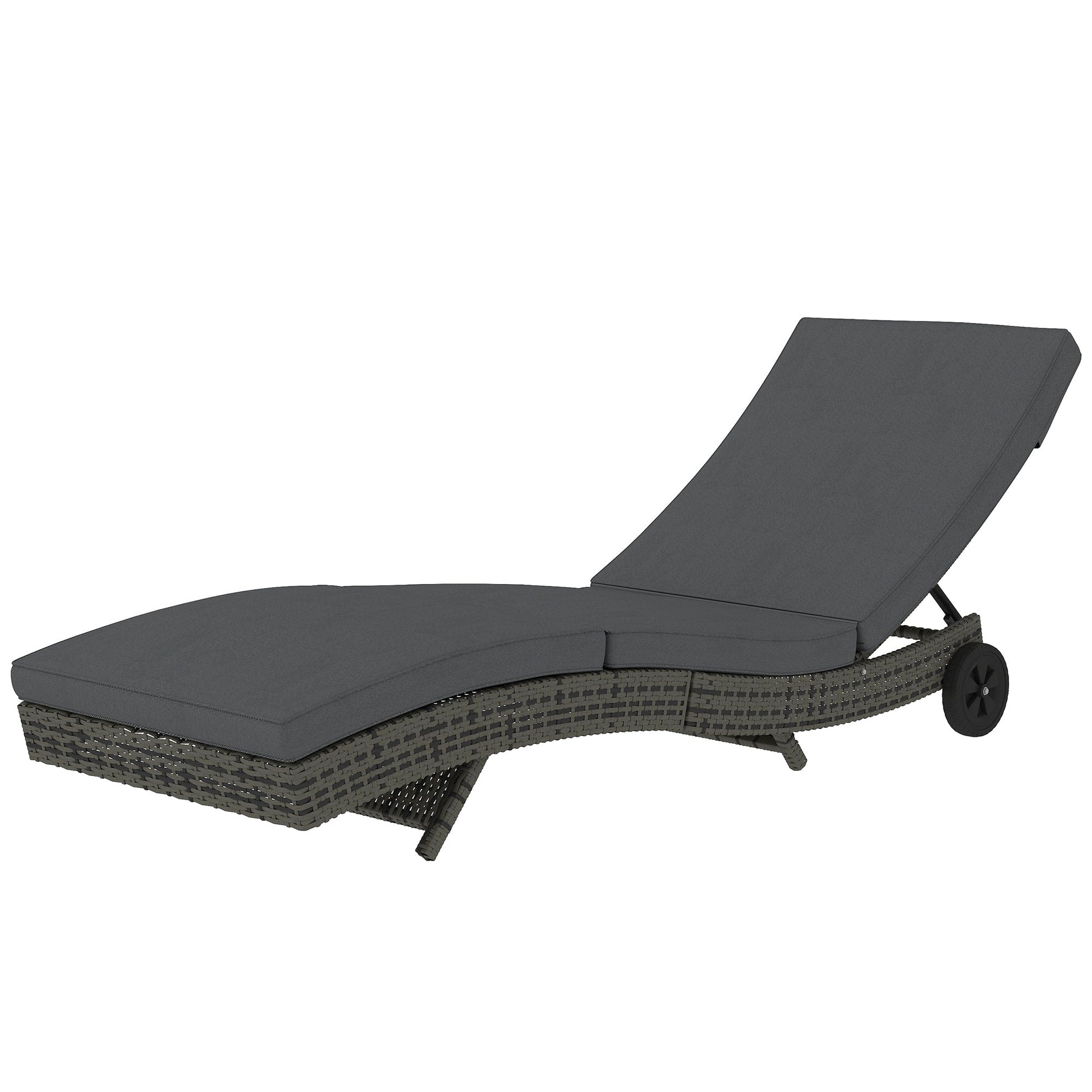 Outdoor PE Rattan Sun Lounger, Wicker Garden Lounger with Cushion, 5-Level Adjustable Backrest, Rolling Sunbed with Wheels for Patio Beach, Dark Grey