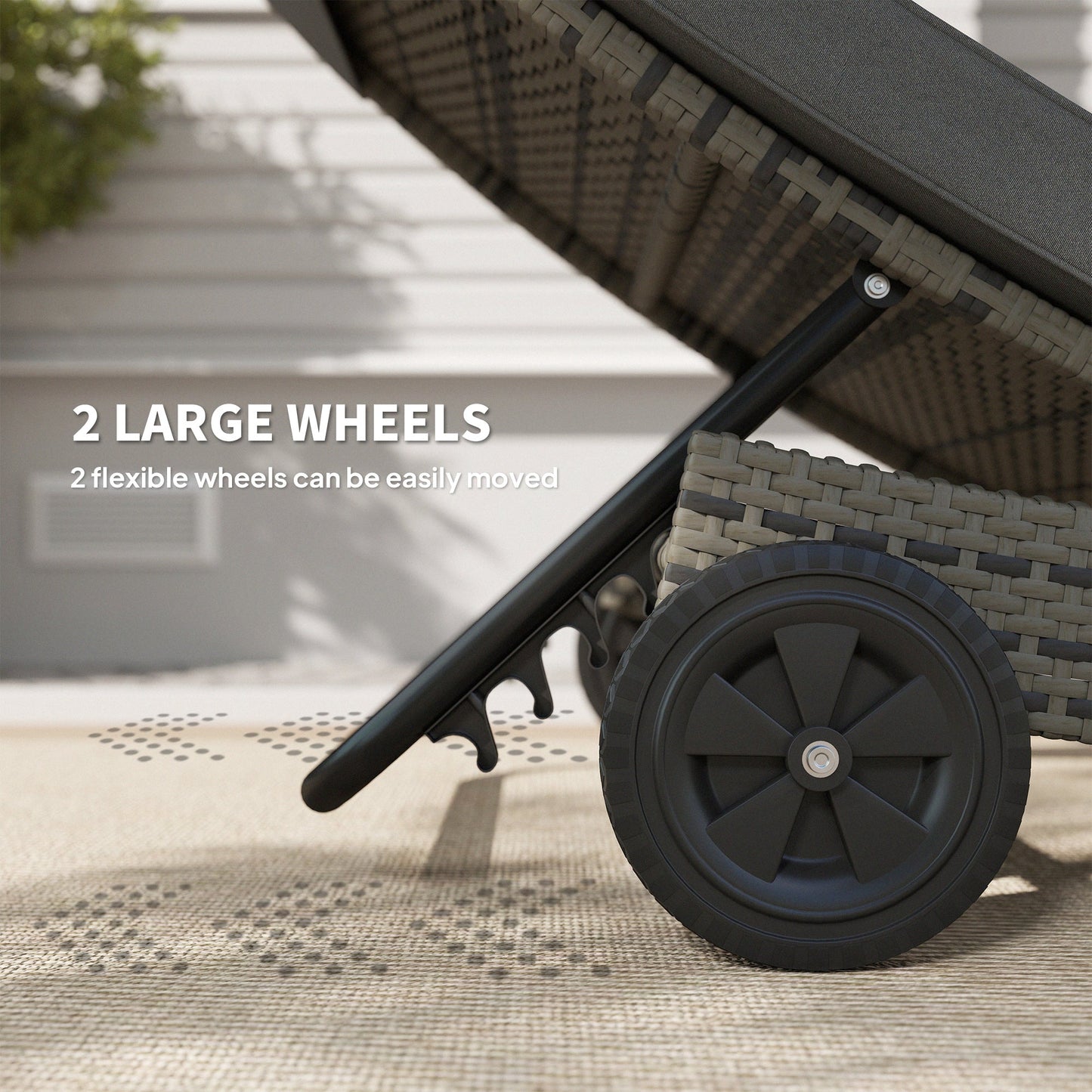 Outdoor PE Rattan Sun Lounger, Wicker Garden Lounger with Cushion, 5-Level Adjustable Backrest, Rolling Sunbed with Wheels for Patio Beach, Dark Grey