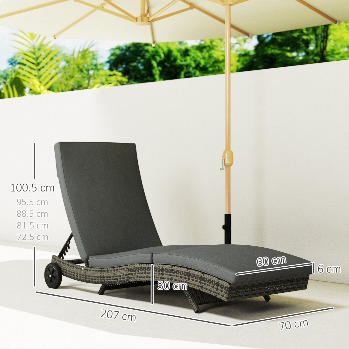 Outdoor PE Rattan Sun Lounger, Wicker Garden Lounger with Cushion, 5-Level Adjustable Backrest, Rolling Sunbed with Wheels for Patio Beach, Dark Grey