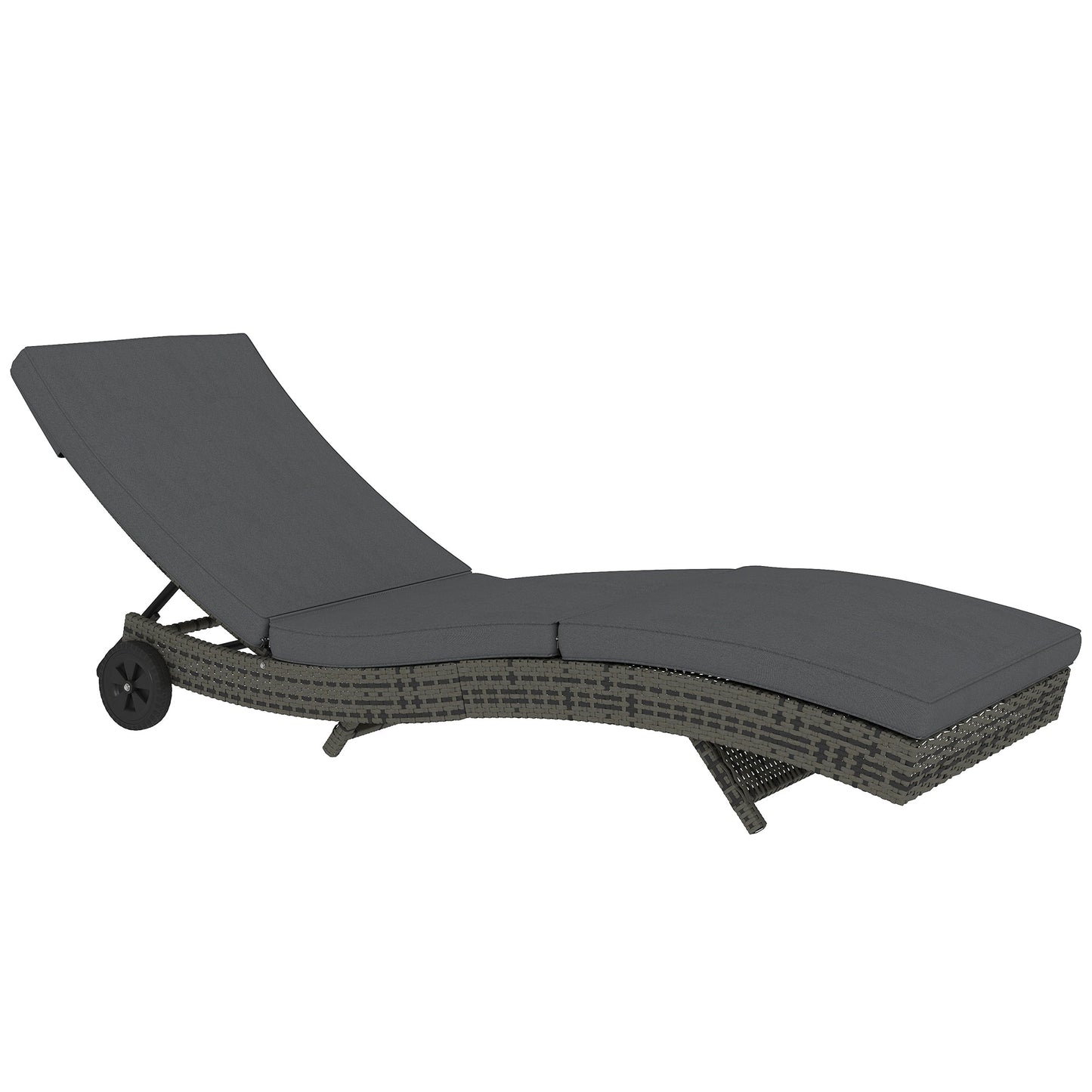 Outdoor PE Rattan Sun Lounger, Wicker Garden Lounger with Cushion, 5-Level Adjustable Backrest, Rolling Sunbed with Wheels for Patio Beach, Dark Grey