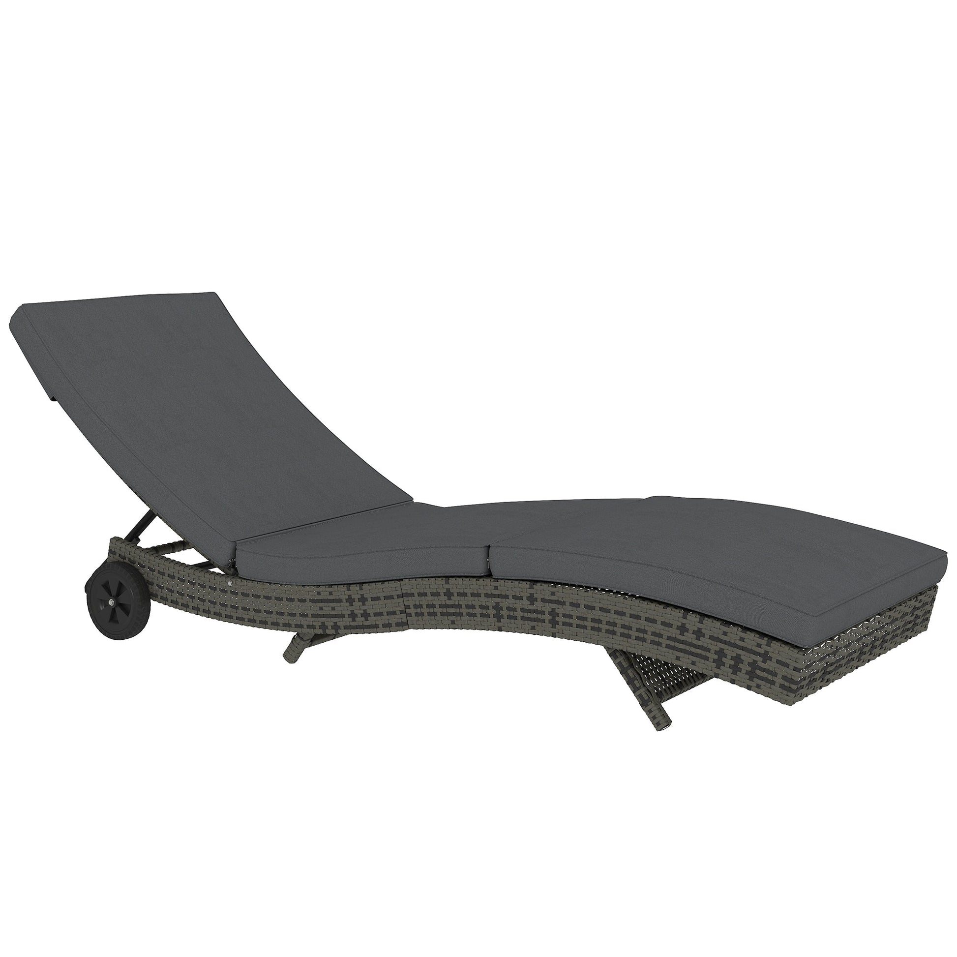 Outdoor PE Rattan Sun Lounger, Wicker Garden Lounger with Cushion, 5-Level Adjustable Backrest, Rolling Sunbed with Wheels for Patio Beach, Dark Grey