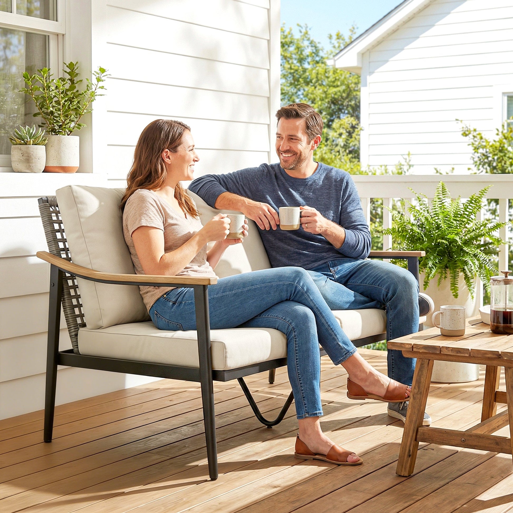 2 Seater Rattan Sofa, Outdoor Garden Sofa with Wood-Effect Armrests, PE Rattan Garden Furniture with Cushions, Steel Frame for Porch, Patio, Balcony, Khaki