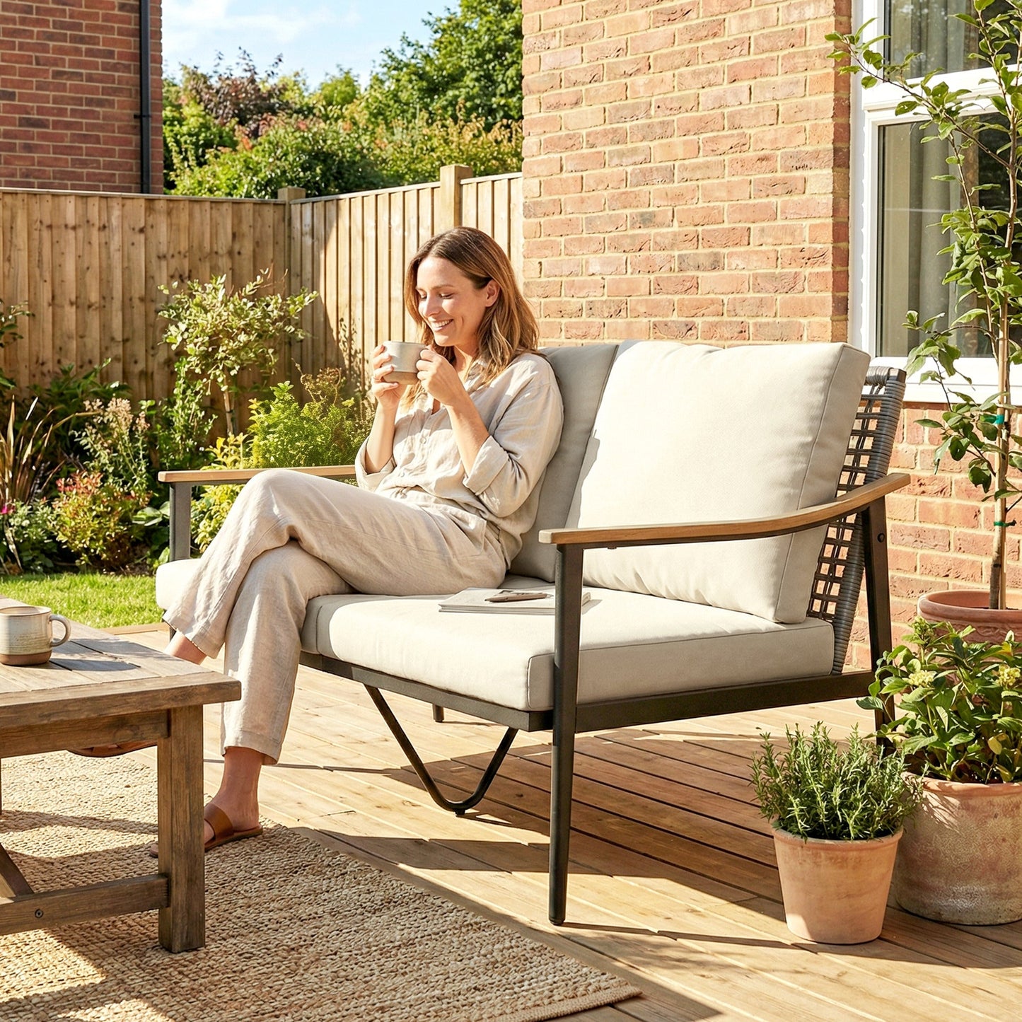 2 Seater Rattan Sofa, Outdoor Garden Sofa with Wood-Effect Armrests, PE Rattan Garden Furniture with Cushions, Steel Frame for Porch, Patio, Balcony, Khaki