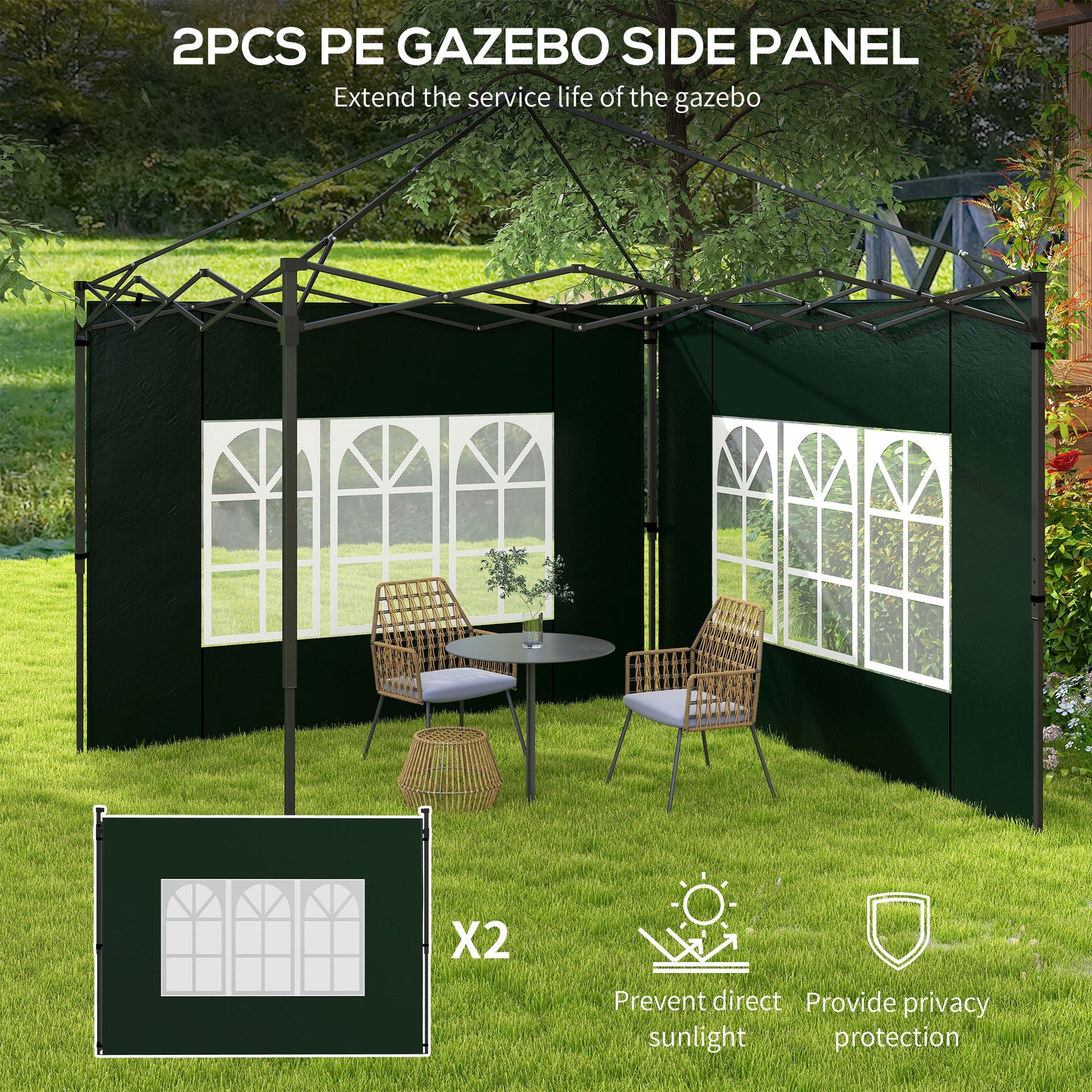Gazebo Side Panels with Window for 3x3(m) or 3x6m Gazebo Canopy, 2 Pack Sides Replacement, Green