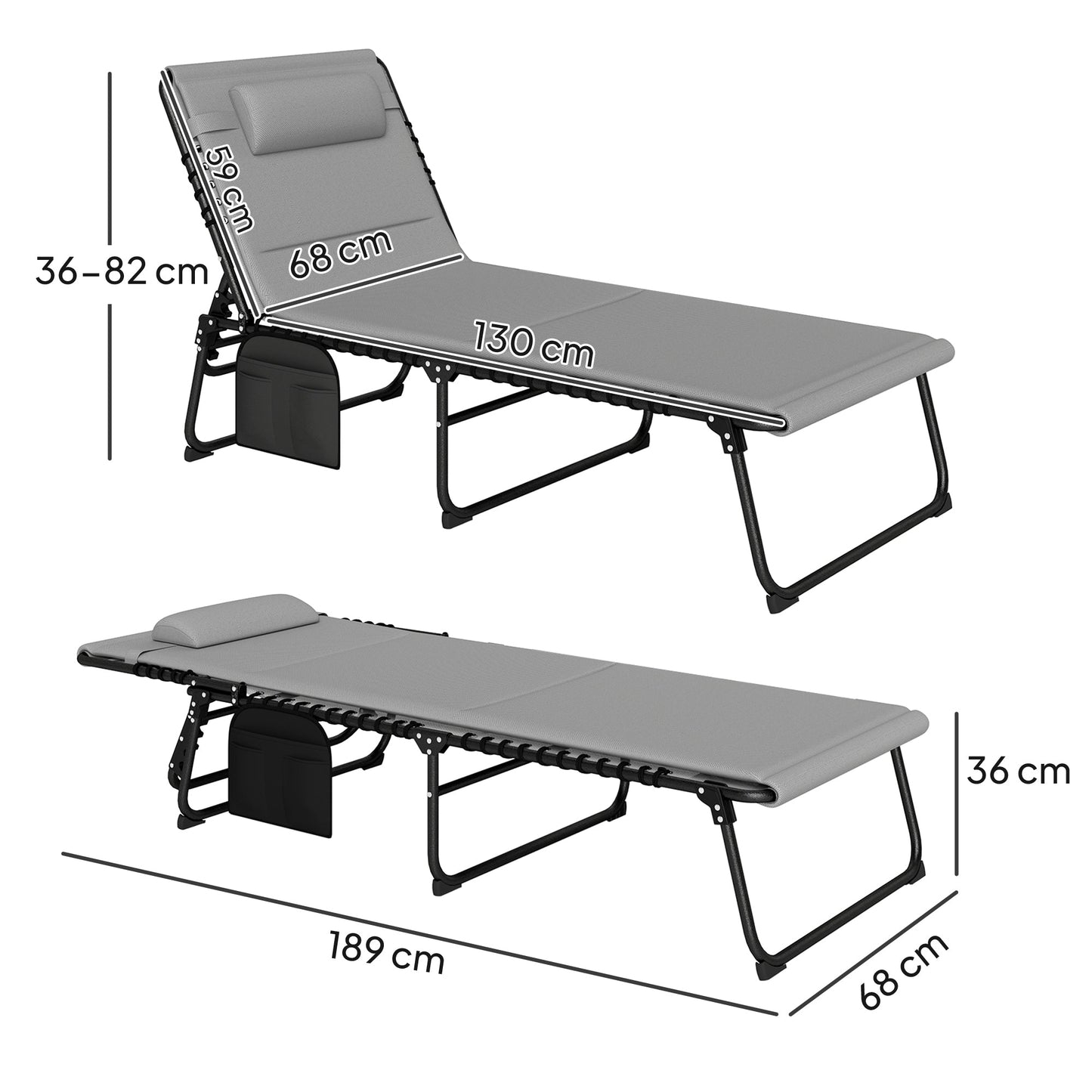 Folding Sun Loungers Set of 2, Recliner Garden Chairs with Quick Drying Pad Headrest Side Pocket, Garden Sun Loungers for Beach Pool, Light Grey