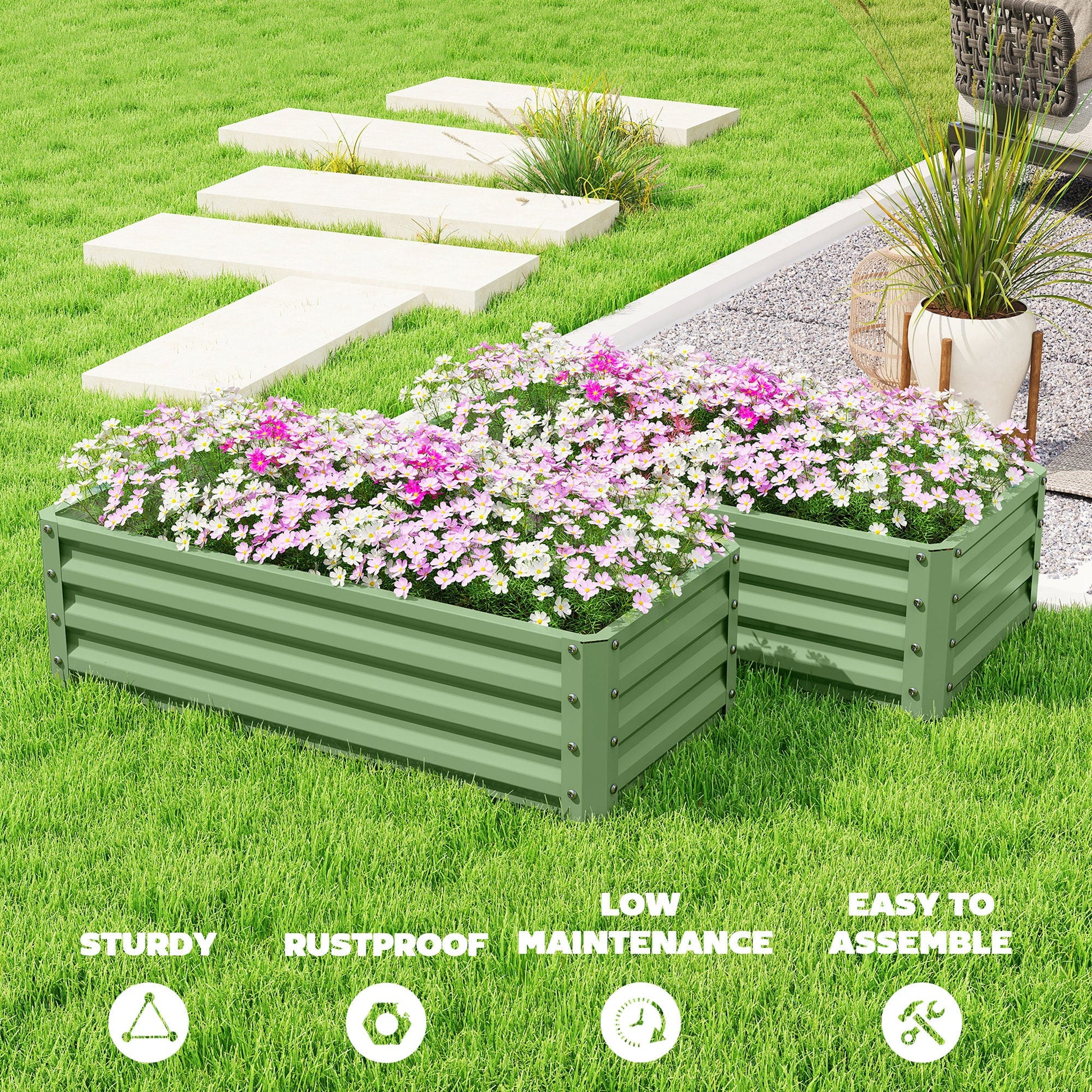 Set of 2 Raised Garden Bed, Outdoor Planter Box with Galvanised Steel Frame for Growing Vegetables, Flowers and Herbs, 110 x 50 x 30cm, Light Green