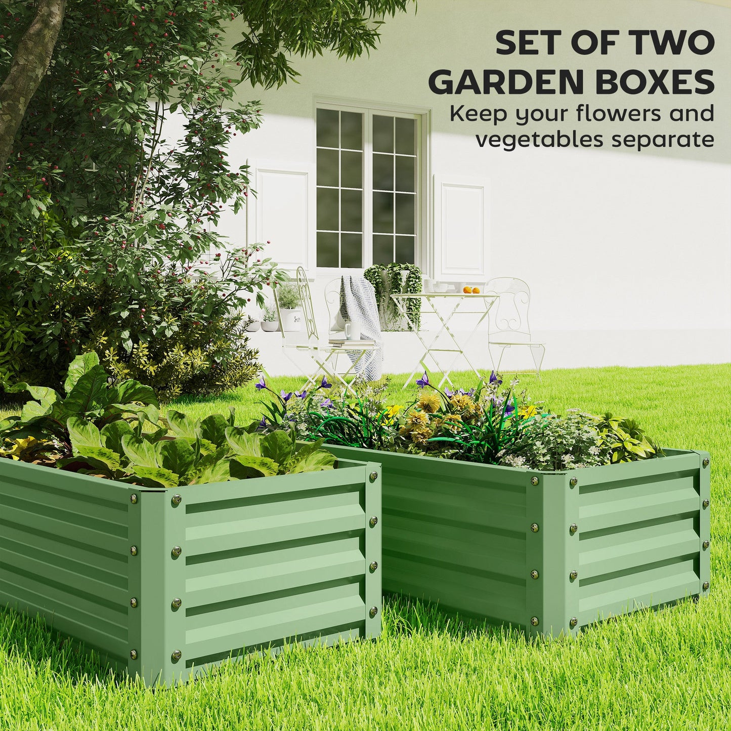 Set of 2 Raised Garden Bed, Outdoor Planter Box with Galvanised Steel Frame for Growing Vegetables, Flowers and Herbs, 110 x 50 x 30cm, Light Green