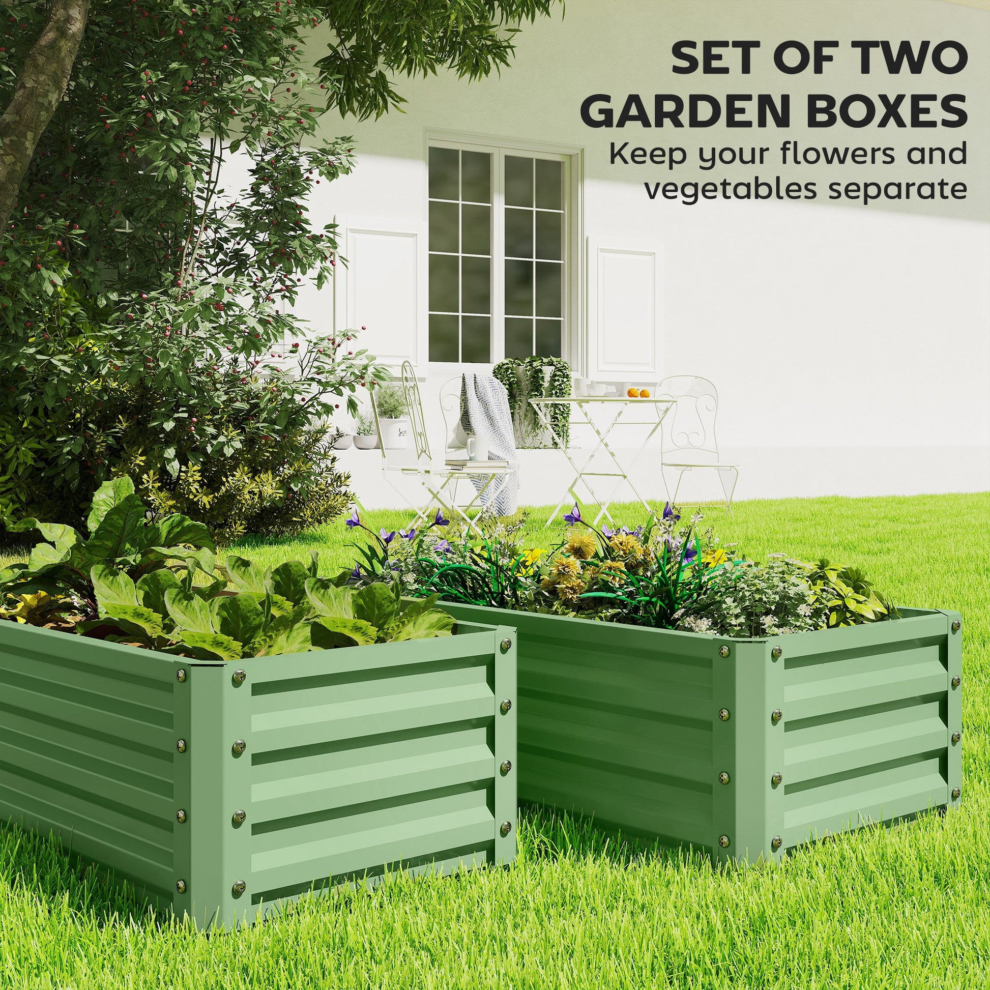 Set of 2 Raised Garden Bed, Outdoor Planter Box with Galvanised Steel Frame for Growing Vegetables, Flowers and Herbs, 110 x 50 x 30cm, Light Green