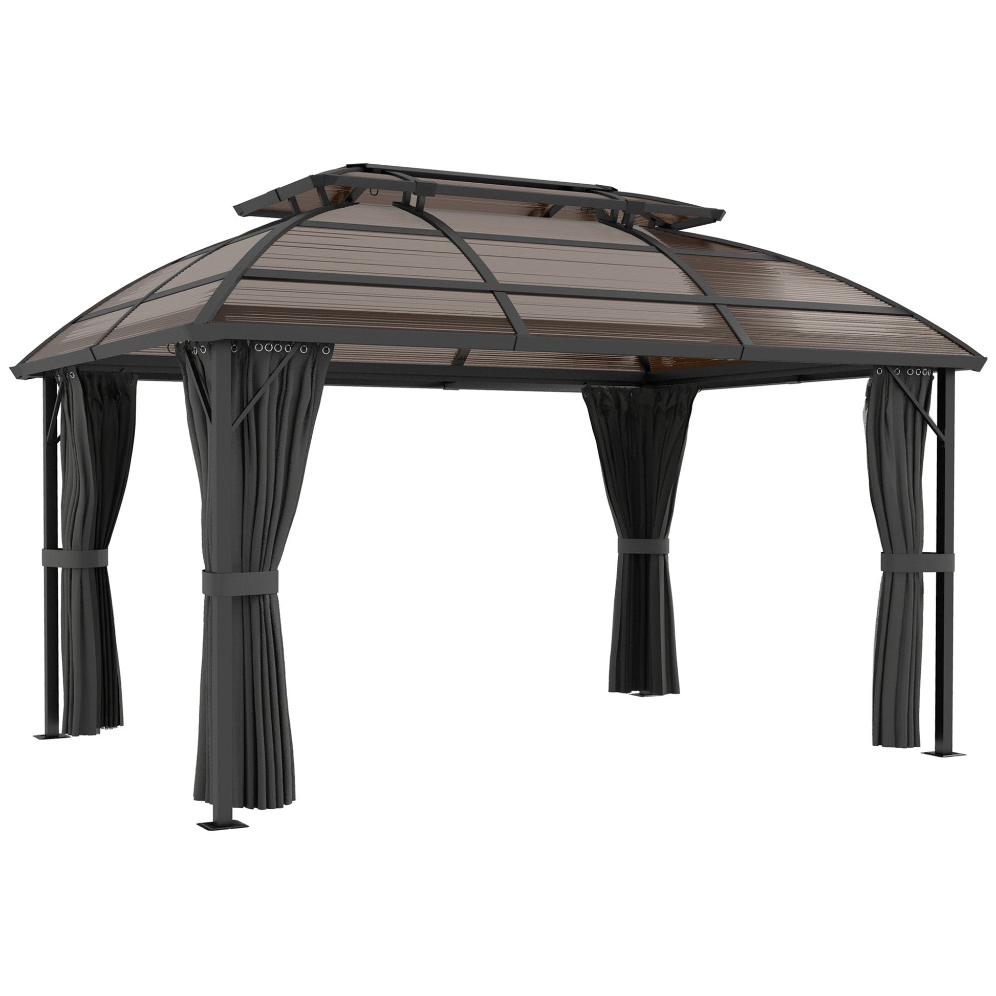 4 x 3(m) Polycarbonate Gazebo Outdoor, Hardtop Garden Patio Gazebo with Curtains, Nettings, Double Roof, Aluminium Frame for Lawn, Yard, Patio, Deck, Brown
