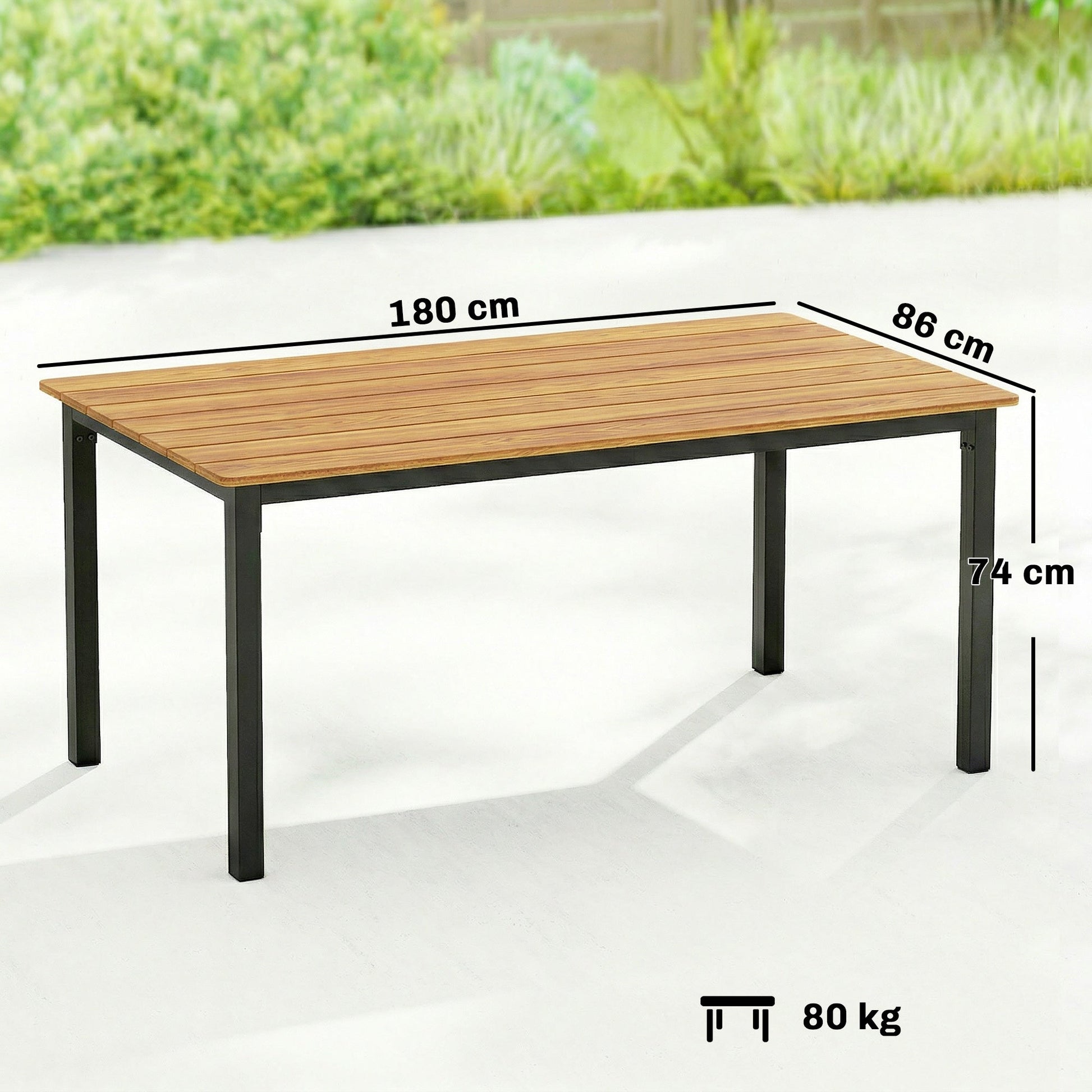 Garden Dining Table for 6-8 Person, 180 x 86 cm Rectangular Outdoor Dining Table with Wood Slatted Top and Steel Frame, All Weather Patio Furniture for Balcony, Porch, Teak