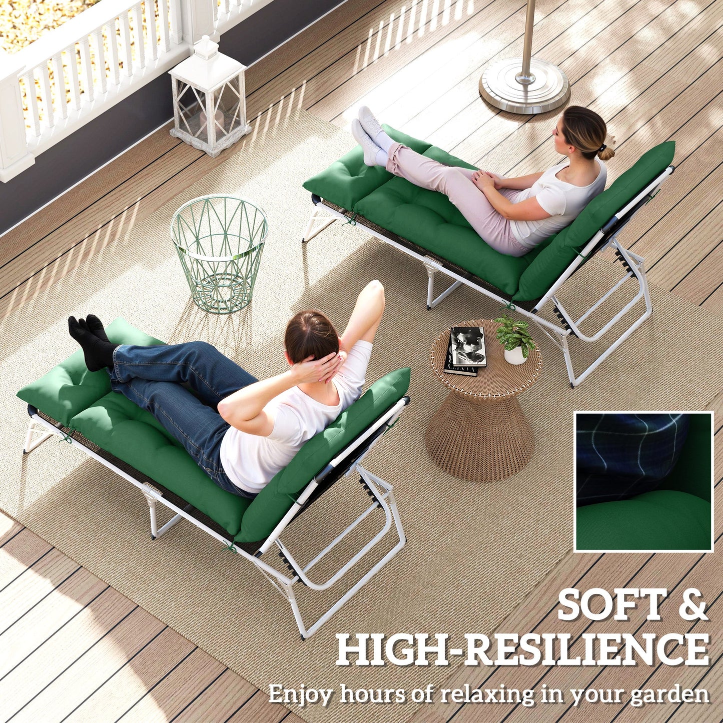 Sun Lounger Cushions Only, 190x56x10cm Garden Lounge Chair Cushions Set of 2, UPF20+ 220gsm Fabric, Thick Sunbed Replacement Pads with 6 Ties, Green
