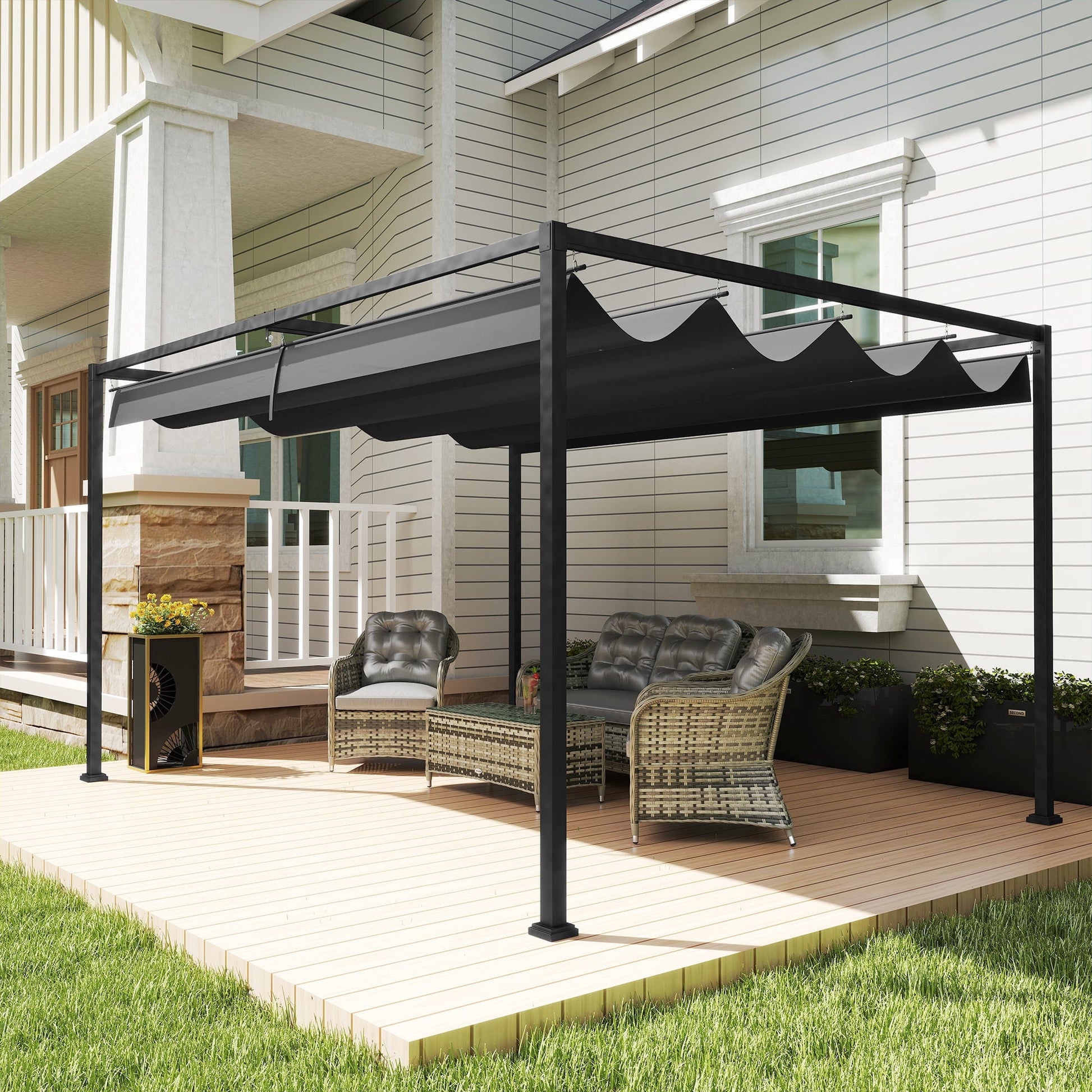 4 x 3(m) Metal Outdoor Pergola with Retractable Roof, Outdoor Gazebo Canopy Shelter with Drainage Holes for Garden, Patio, Lawn, Black
