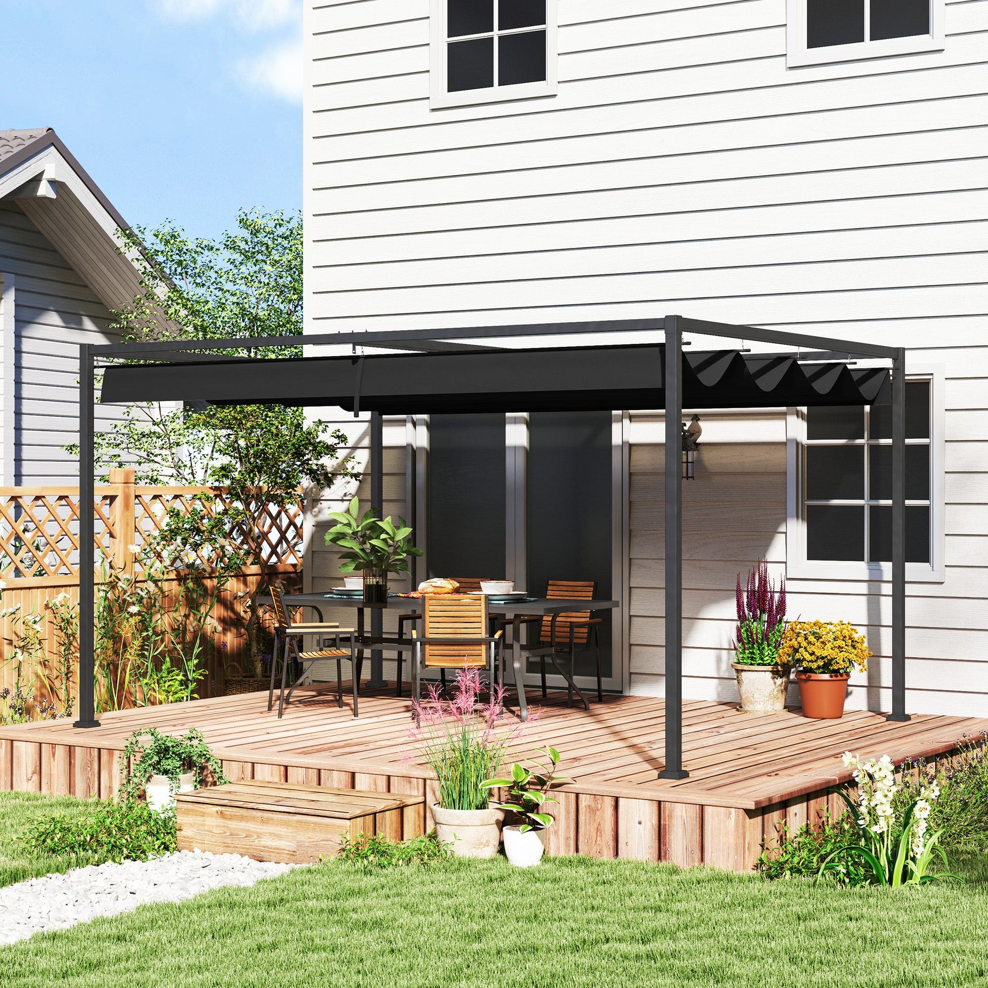 4 x 3(m) Metal Outdoor Pergola with Retractable Roof, Outdoor Gazebo Canopy Shelter with Drainage Holes for Garden, Patio, Lawn, Black