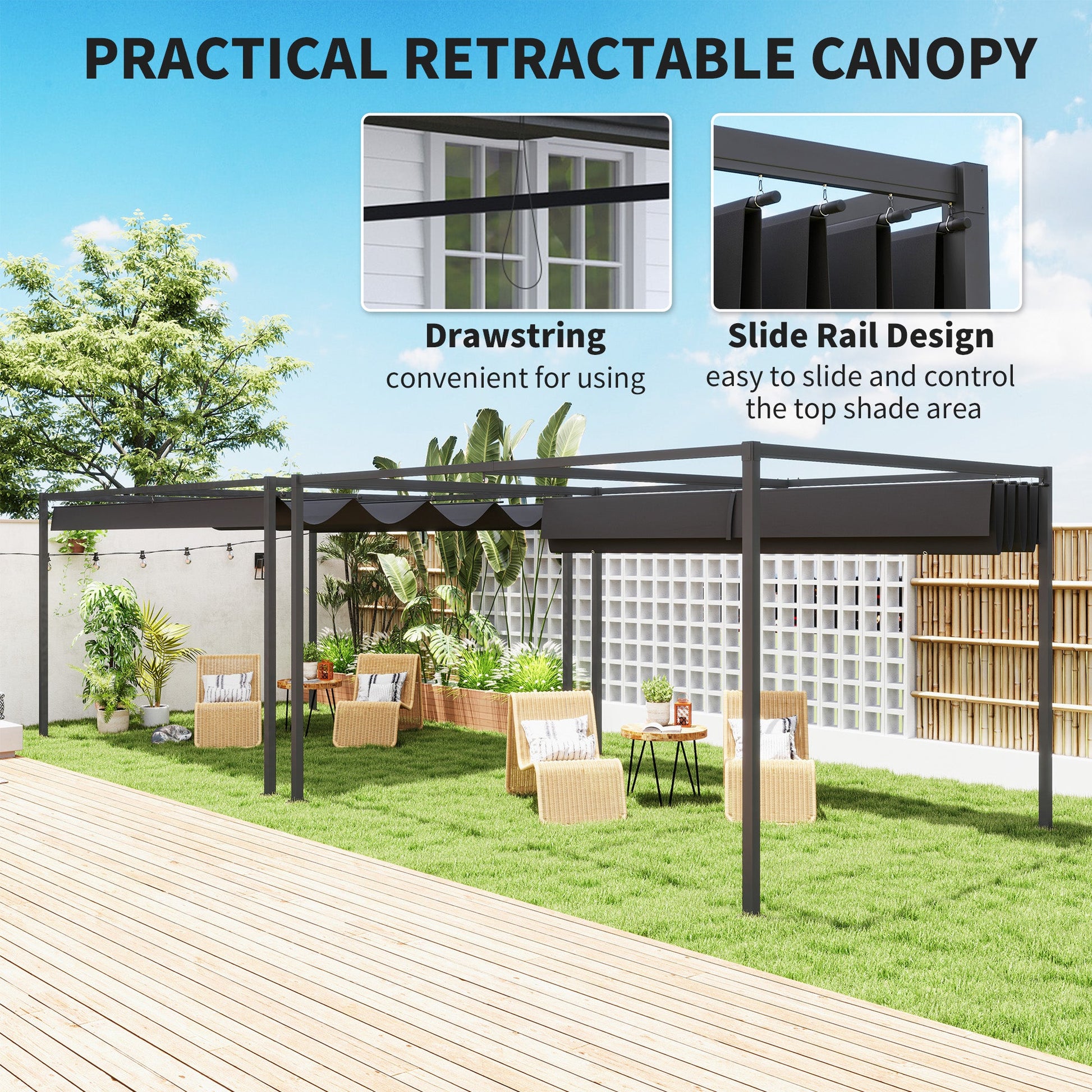 4 x 3(m) Metal Outdoor Pergola with Retractable Roof, Outdoor Gazebo Canopy Shelter with Drainage Holes for Garden, Patio, Lawn, Black